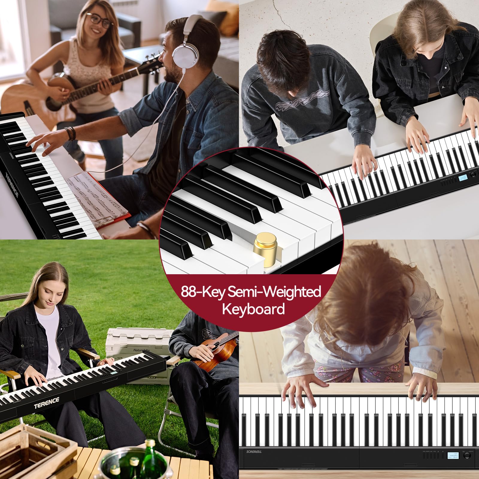 TERENCE Piano numérique, 88 touches lestées, batterie 1800 mAh, Haut - parleur 2 * 5W, pliable et portable, support Bluetooth et interface midi Noir