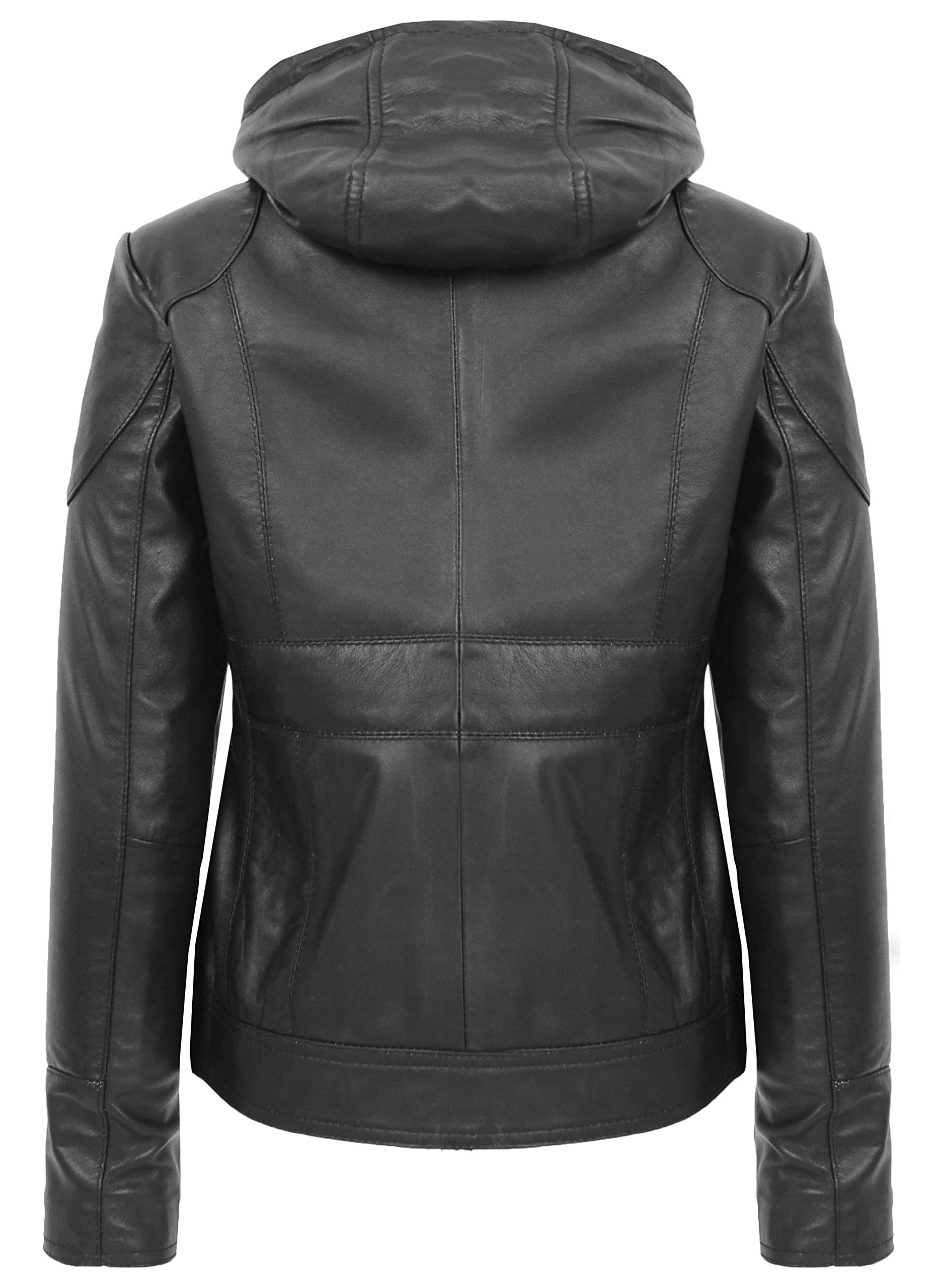 Chaqueta de cuero real para mujer con capucha desmontable estilo motero Brooke negro