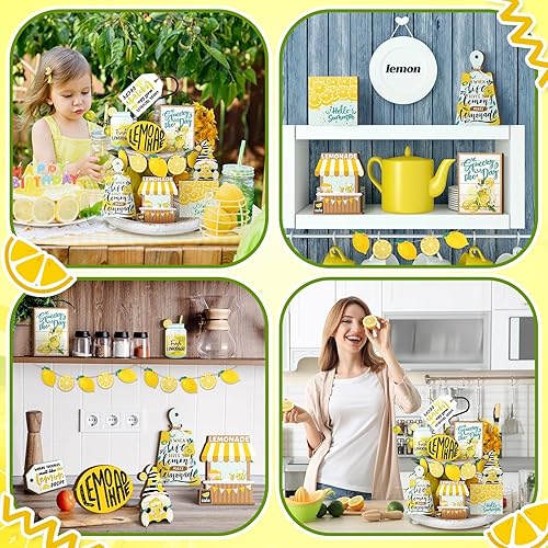 Miniatura 7 de Qunclay 13 piezas de decoración de bandejas escalonadas de limón para cocina, letreros de madera de limonada de verano, bandejas decorativas