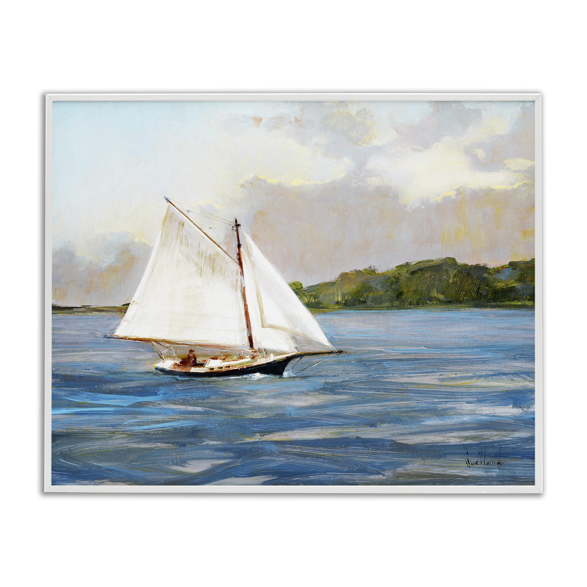 Stupell Industries Coastal White (Textured) 'White Sailboat On Calm Blue Sea'| Framed Giclee Art