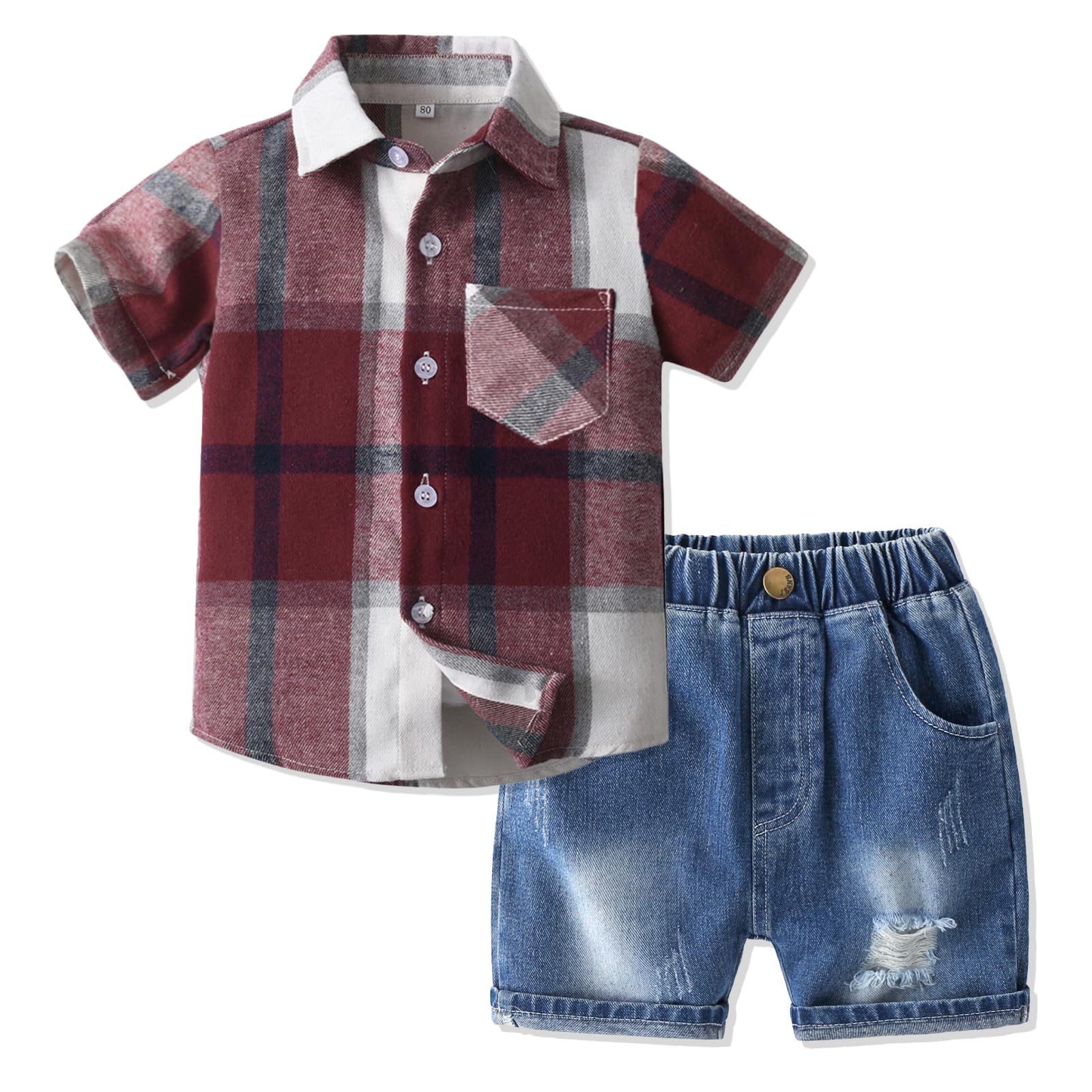 Volunboy Bebé Niño Verano Conjunto, Cuadros Camisa de Manga Corta + Jeans Shorts Traje Casual Ropa 2 Piezas