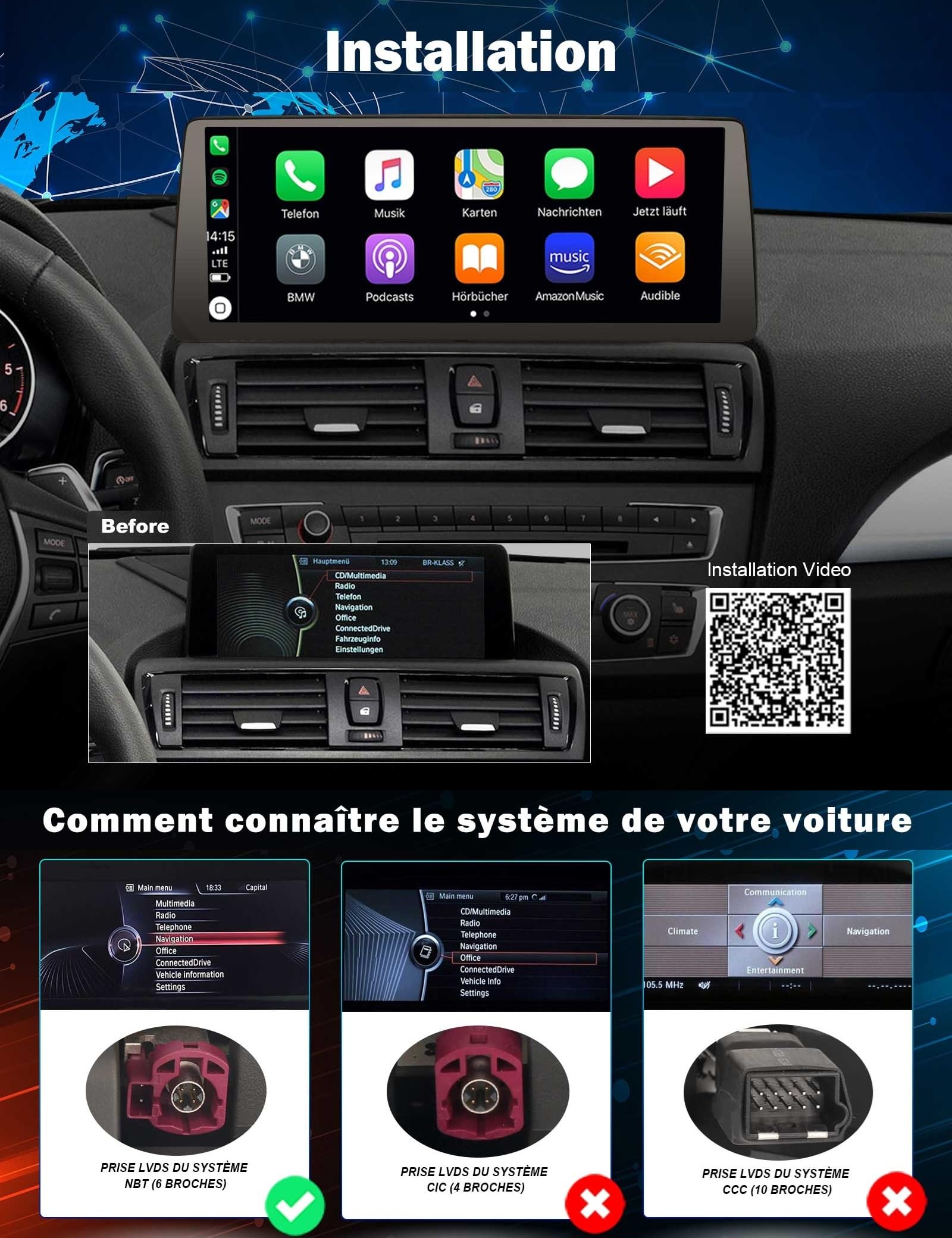 12,3 Pouces 8GO+128GO Qualcomm 8 Core Android 14 Autoradio Stéréo pour BMW série 1 F20 F21 série 2 F22 F23 Support GPS Navigateur Carplay IPS WiFi Écran Tactile DSP Android Auto Bluetooth 5.1 Idrive