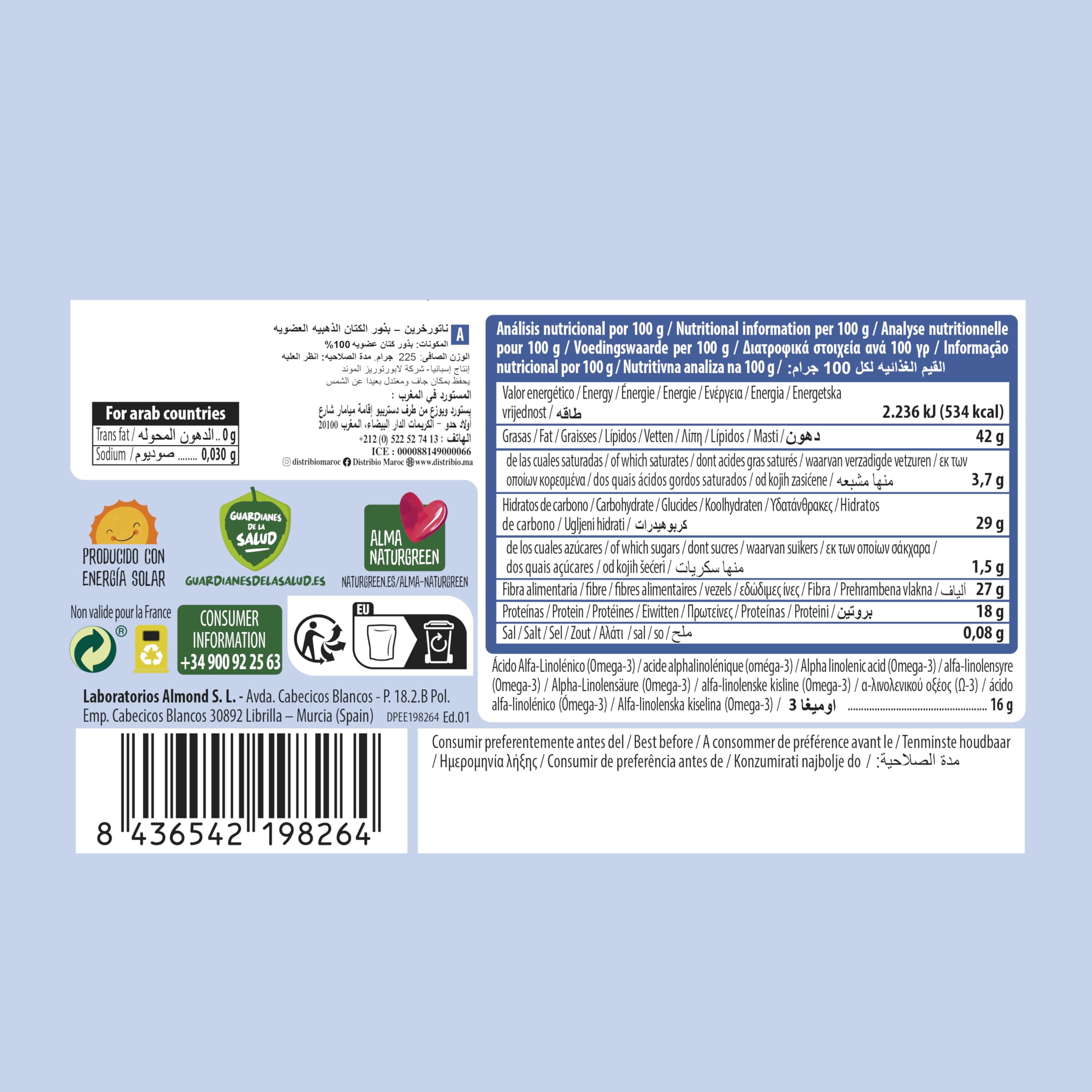 NaturGreen - Semillas de Lino Dorado Bio, Sin Gluten, 100% Vegetal, Ecológicas, Rico en Omega 3 y Fibra, Fuente de Proteínas, Sin Azúcares Añadidos, 225 g