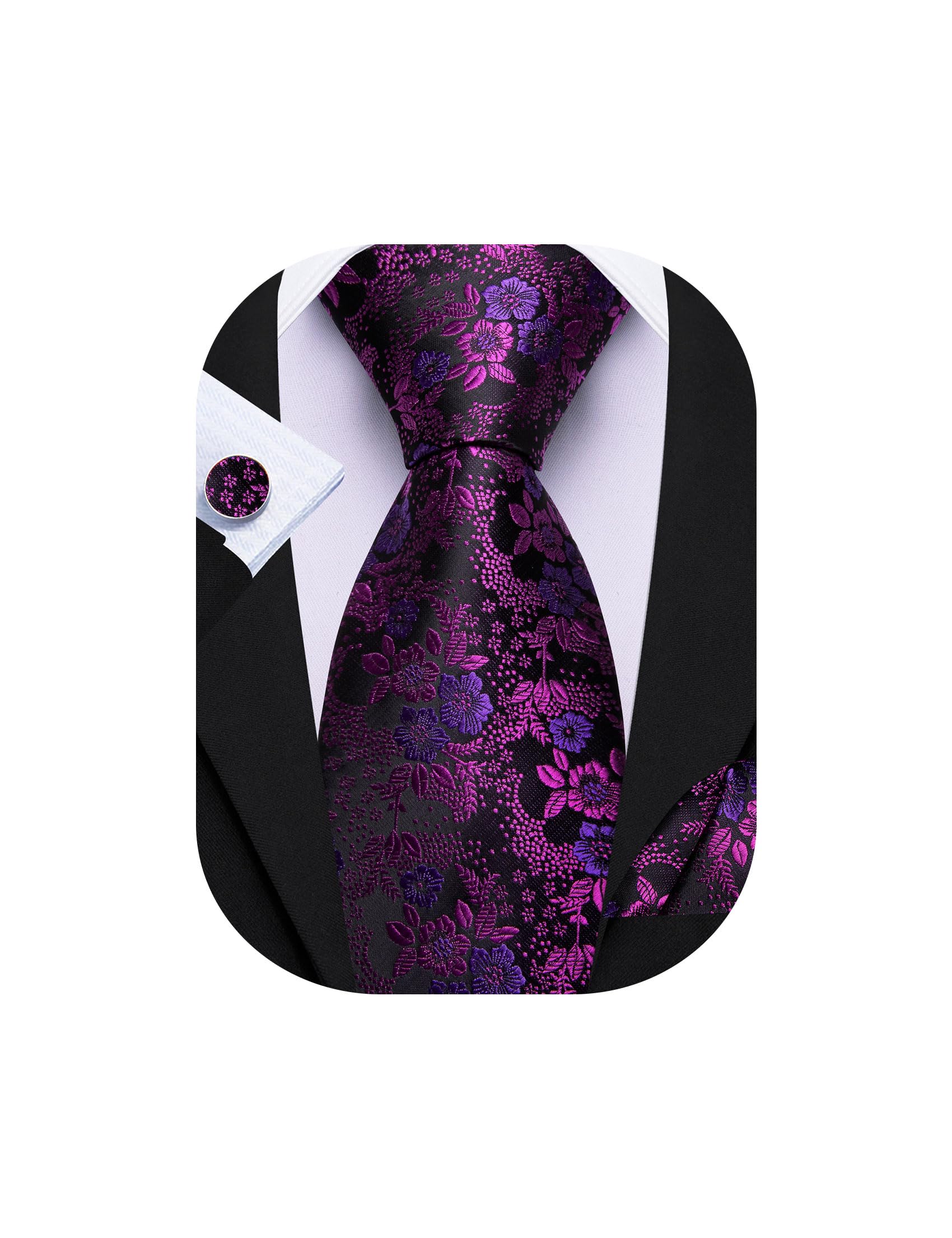 Barry.Wang Men Tie Set Floral Paisley Silk Necktie Pocket Square Cufflinks