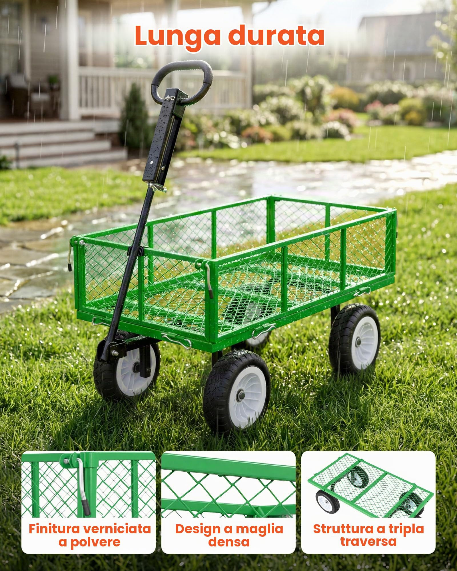 VEVOR Carrello da Giardino in Acciaio Portaoggetti Carico max 408,2 kg Carrello da Trasporto per Legna Terra Detriti Lati Rimovibili Ruote Antiforatura in PU, Carretto Compatibile con Trattori, Verde