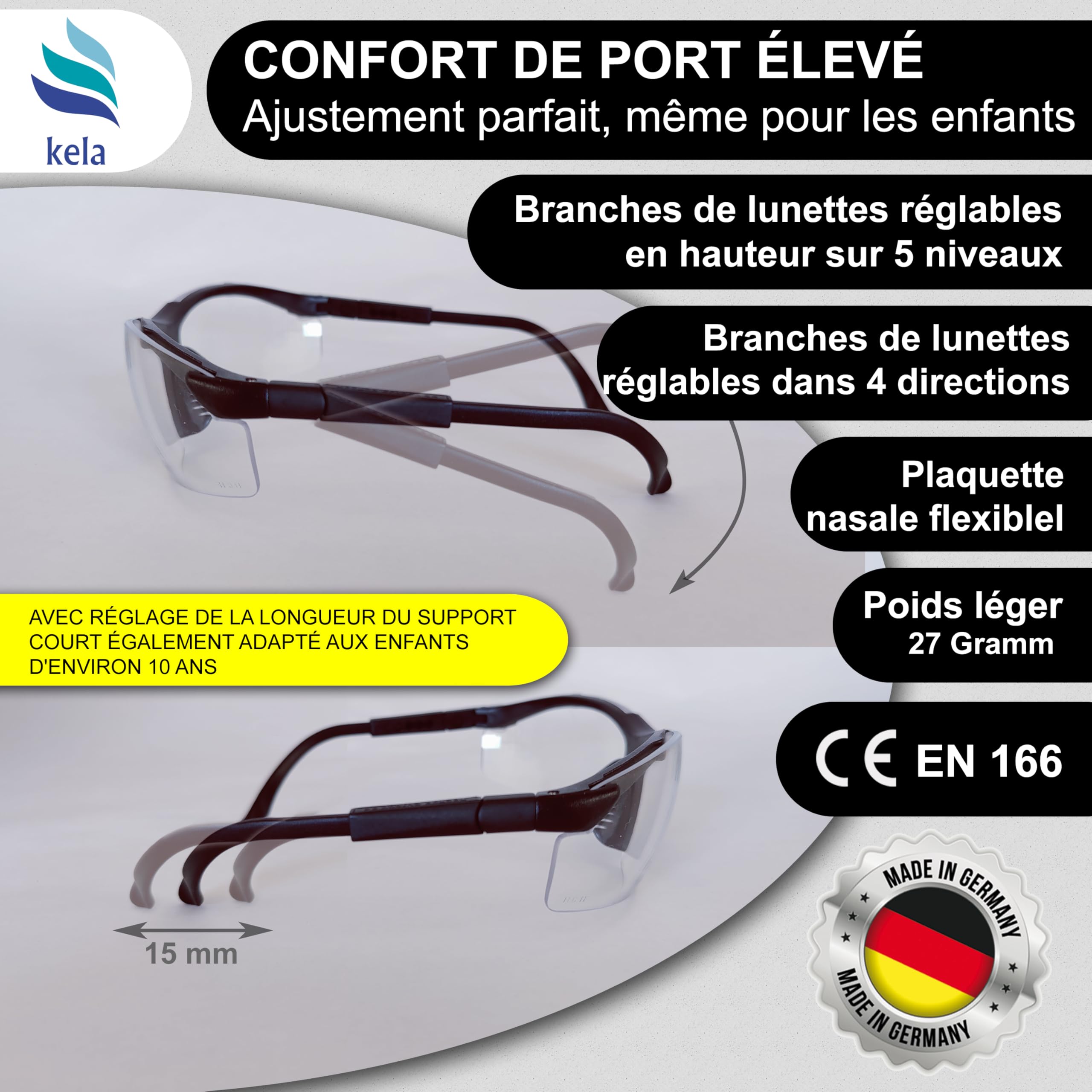 kela 12x Lunettes de protection SKY I Fabriqué en Allemagne | Lunettes de sécurité sans éclats avec revêtement anti-buée I branches de lunettes réglables | légères et transparentes lunettes de sport
