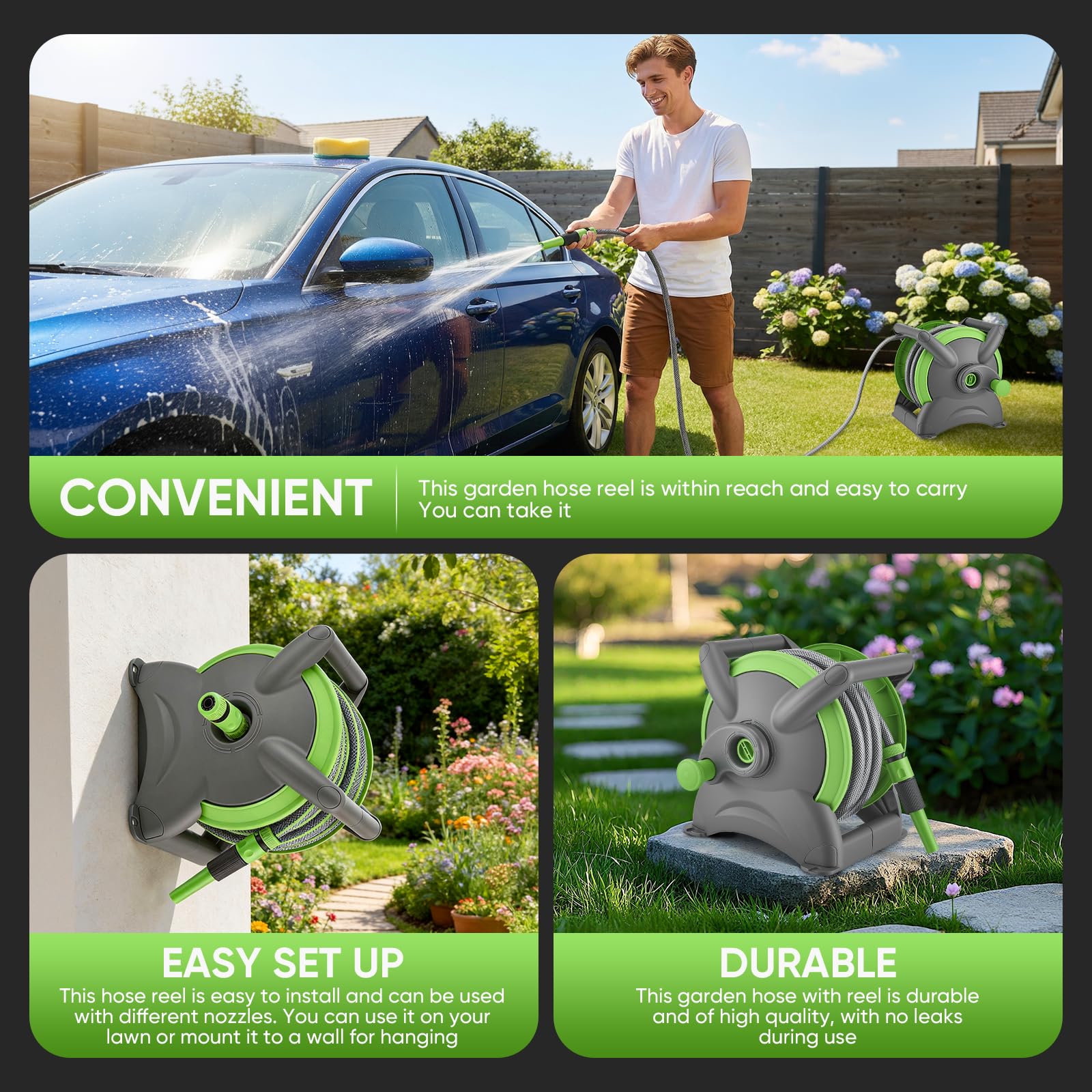 Avvolgitubo Automatico Retrattile 20m, Avvolgitubo da Giardino ad Aria Compressa, Fissaggio a Parete Girevole 180°, Canna Acqua Giardino per Irrigazione Giardino Orto e Pulizia Domestica