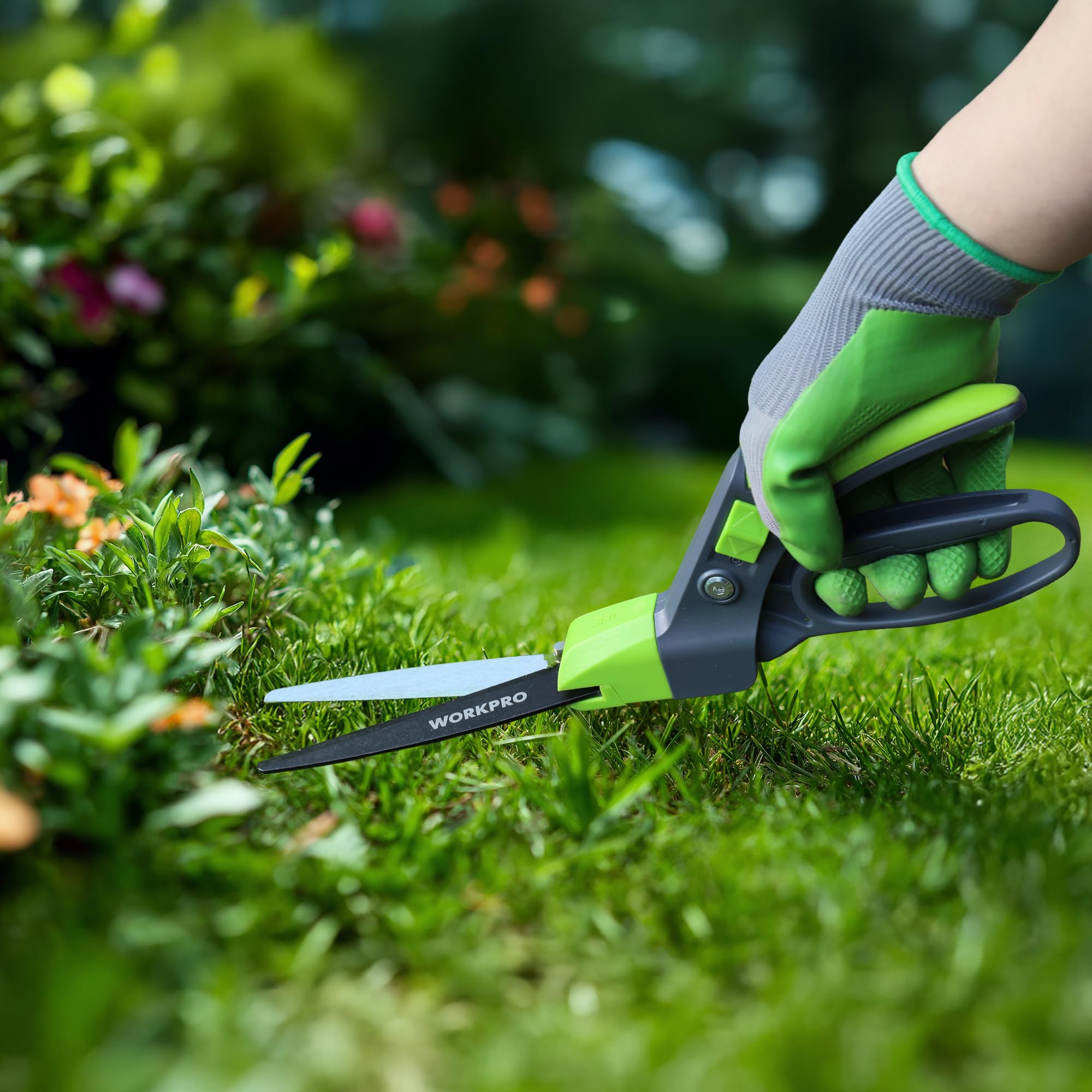 WORKPRO Cisaille à Gazon Rotative 360°, Cisaille Orientable avec Verrou de Sécurité, Poignée Ergonomique, Outil de Jardinage pour Pelouse, Plantes, Bonsaïs et Bordures