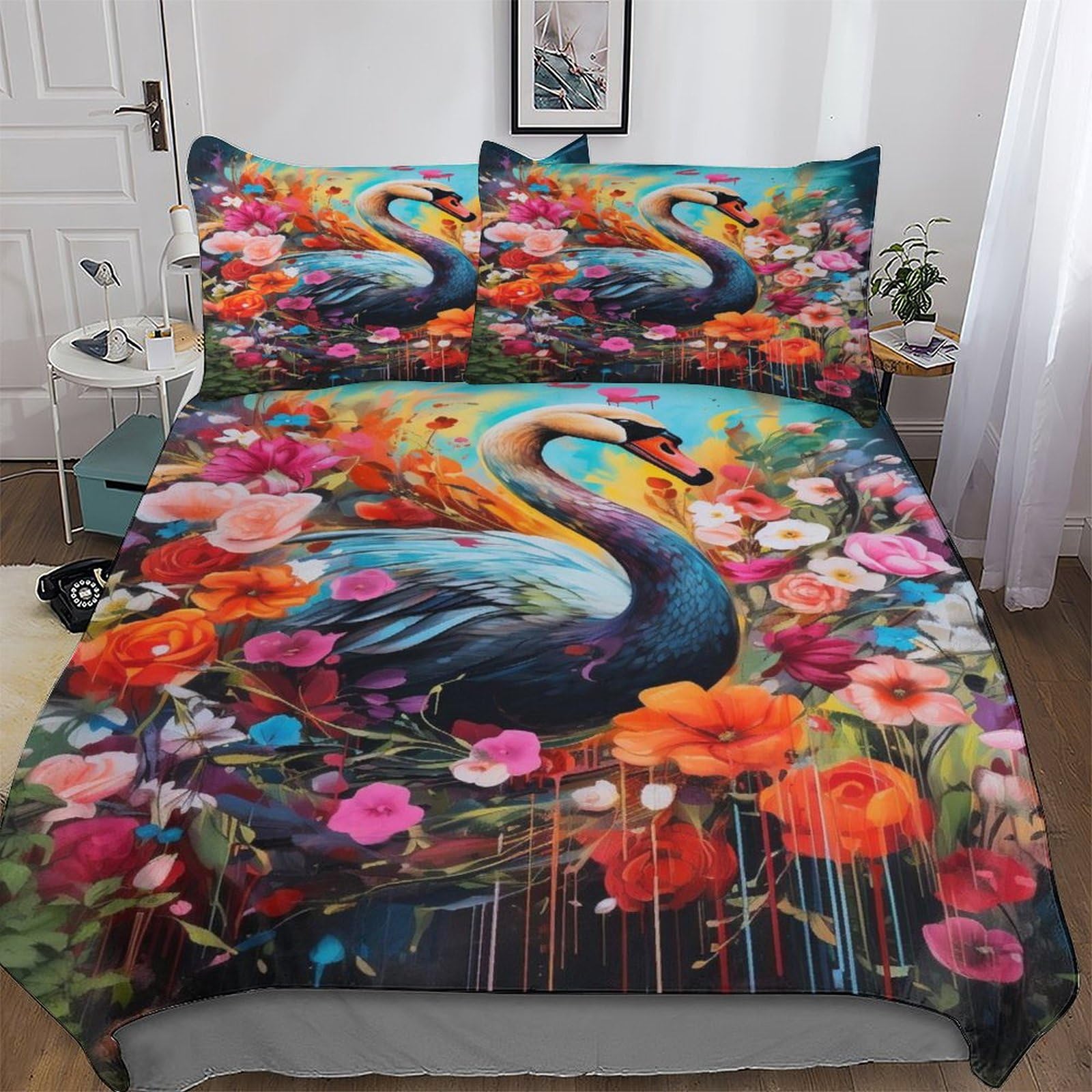 Parure de lit cygne 3 pièces avec housse de couette 220x240 cm et taies en microfibre pour lit King