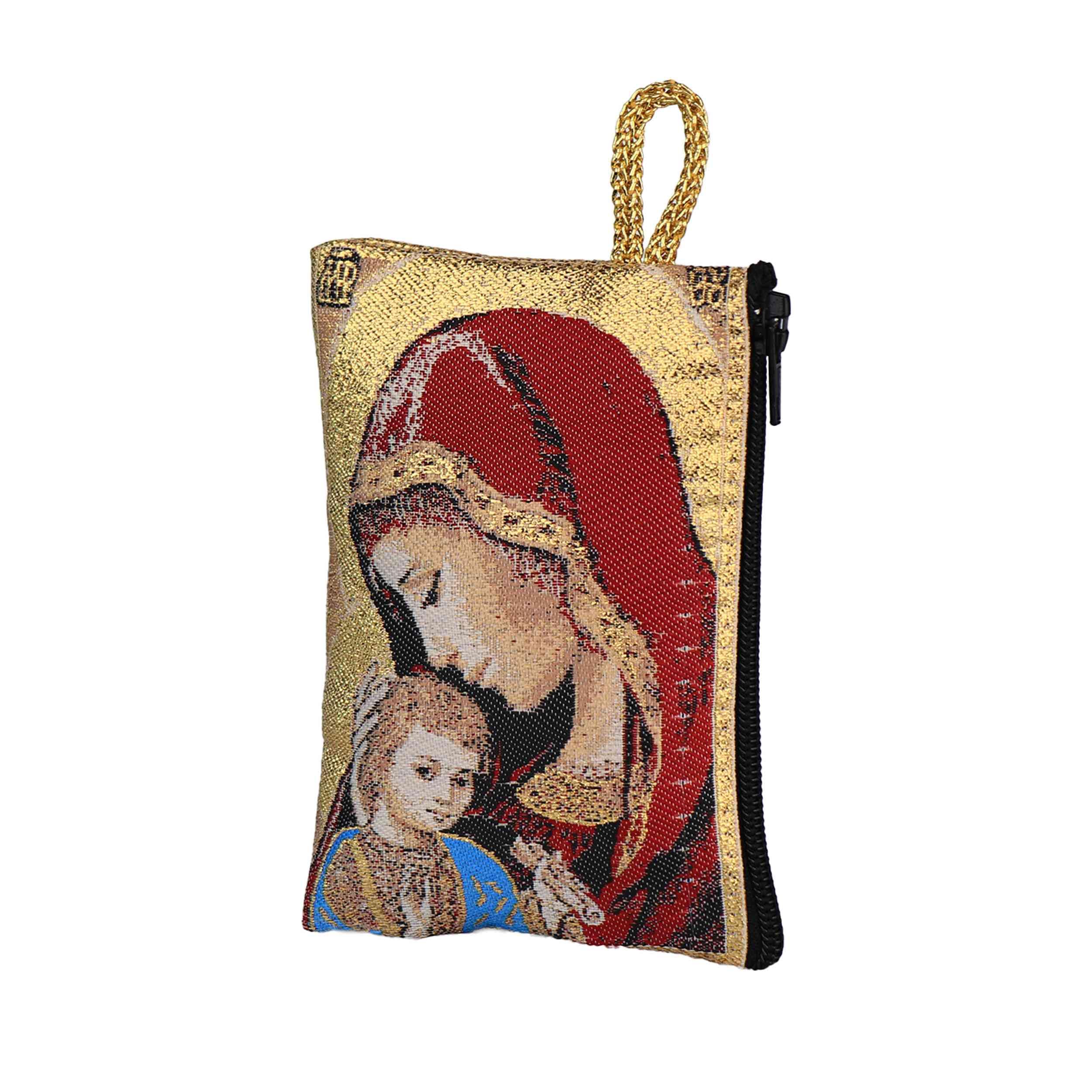 NKlaus Borsa rosario 7 x 10 cm – Maria con Gesù Bambino, ricamata rosso-oro, con cerniera e tracolla – custodia religiosa per preghiera e devozione