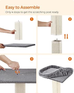Feandrea Cat Scratching Post, Cat Scratcher with 40 x 30 cm Plush Perch, Cat Tree, 71 cm Tall Scratch Post with Woven Sisal, 45 x 40 cm Base, Pompom, Light Grey PCA022W01
