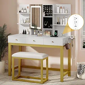 DWVO Vanity Desk with Mirror & Power Outlet, Hidden Storage Shelves, 3 Drawers, Adjustable 3 Lights Modes, Dressing Table Set with Chair, Makeup Table with Stool, White Upgraded Vanity for Bedroom