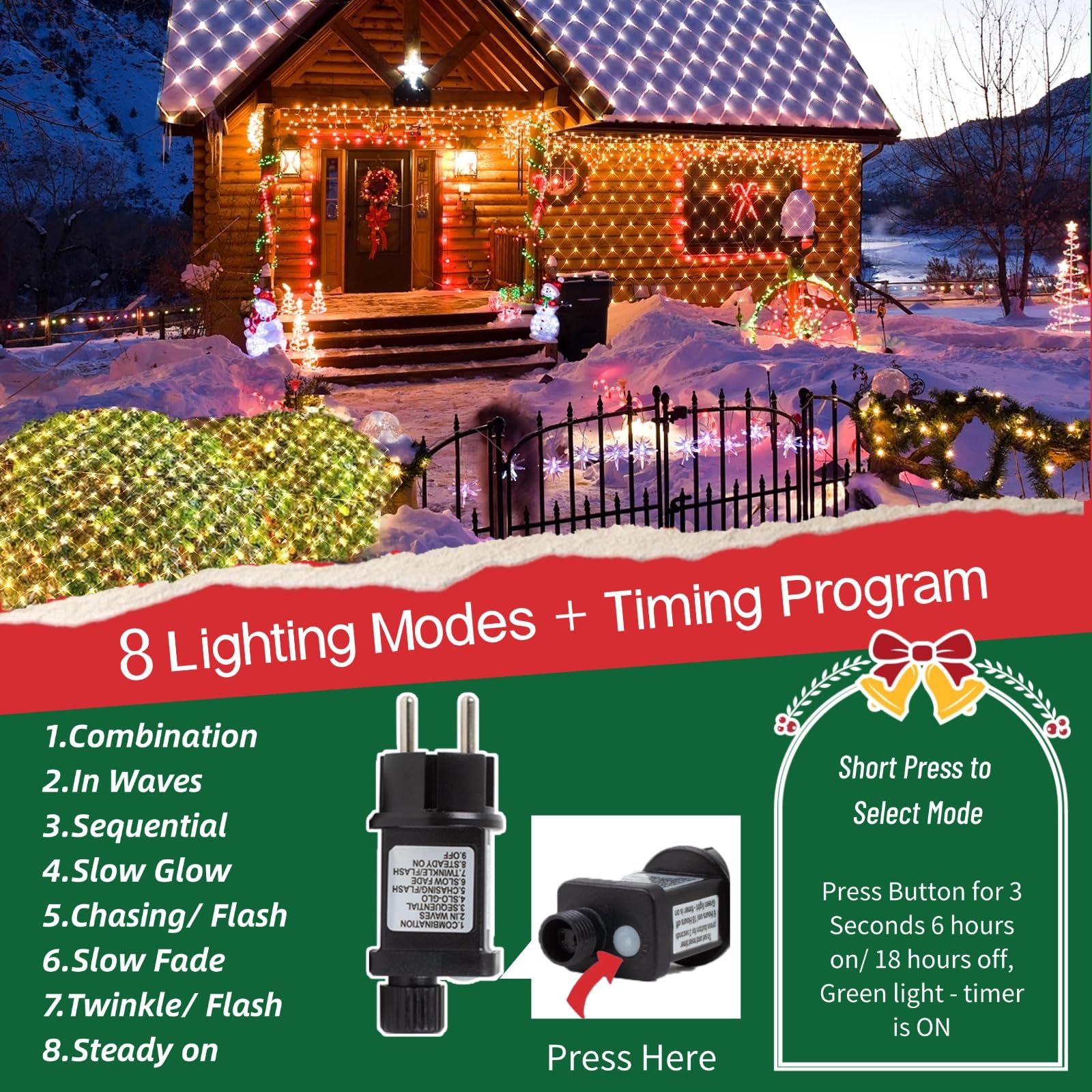 Focxoio Net Lights Outdoor Indoor, 208 LED 2m x 2m Mesh Fairy Lights Plug in - Image 3