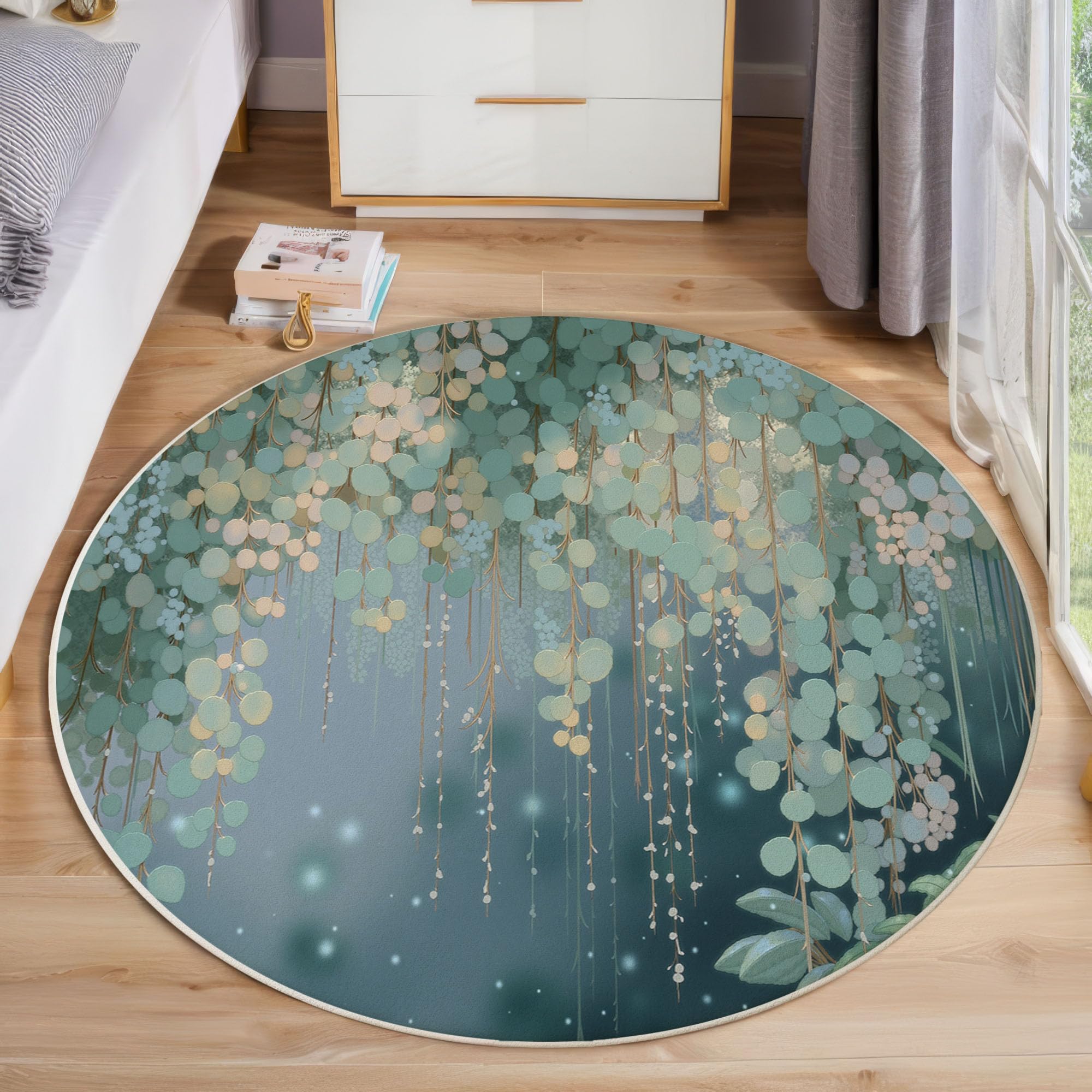 Tapis Rond Feuilles D'Eucalyptus Aquarelle 100 Cm, Lavable En Machine Pour Salon, Ne Perd Pas Ses Poils, Antidérapant | Tapis Esthétique Végétale Pour Chambre À Coucher Chambre D'Enfant, Vert Foncé