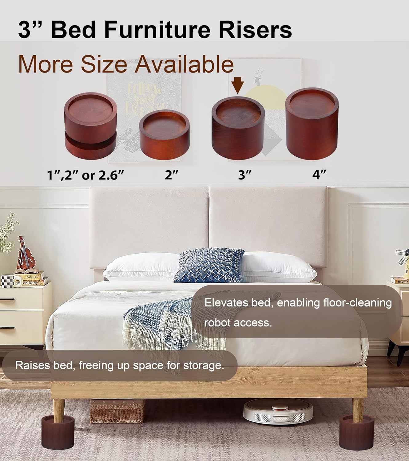 Lufia Solid Pine Wood Bed Risers 3 Inch Lift, Durable Furniture Risers for Beds, Sofas, Desks - Stylish Design, Easy Install, 2,000 Lbs Capacity (3 Inch)