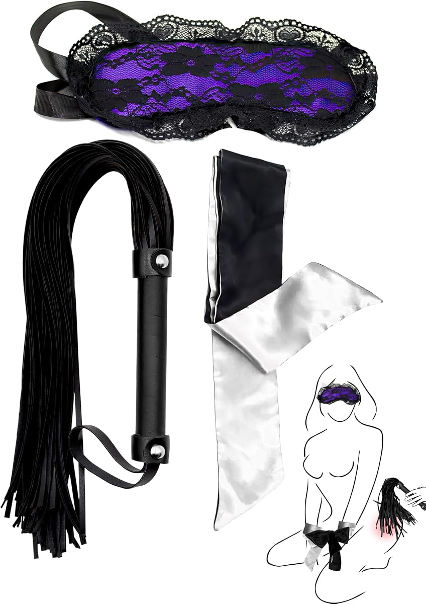 Faux Leather Flogger for Adult Play, Lace Eye Mask for Women and Sexy Blindfold for Couples - 3pcs Set for Bedroom