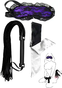 Faux Leather Flogger for Adult Play, Lace Eye Mask for Women and Sexy Blindfold for Couples - 3pcs Set for Bedroom