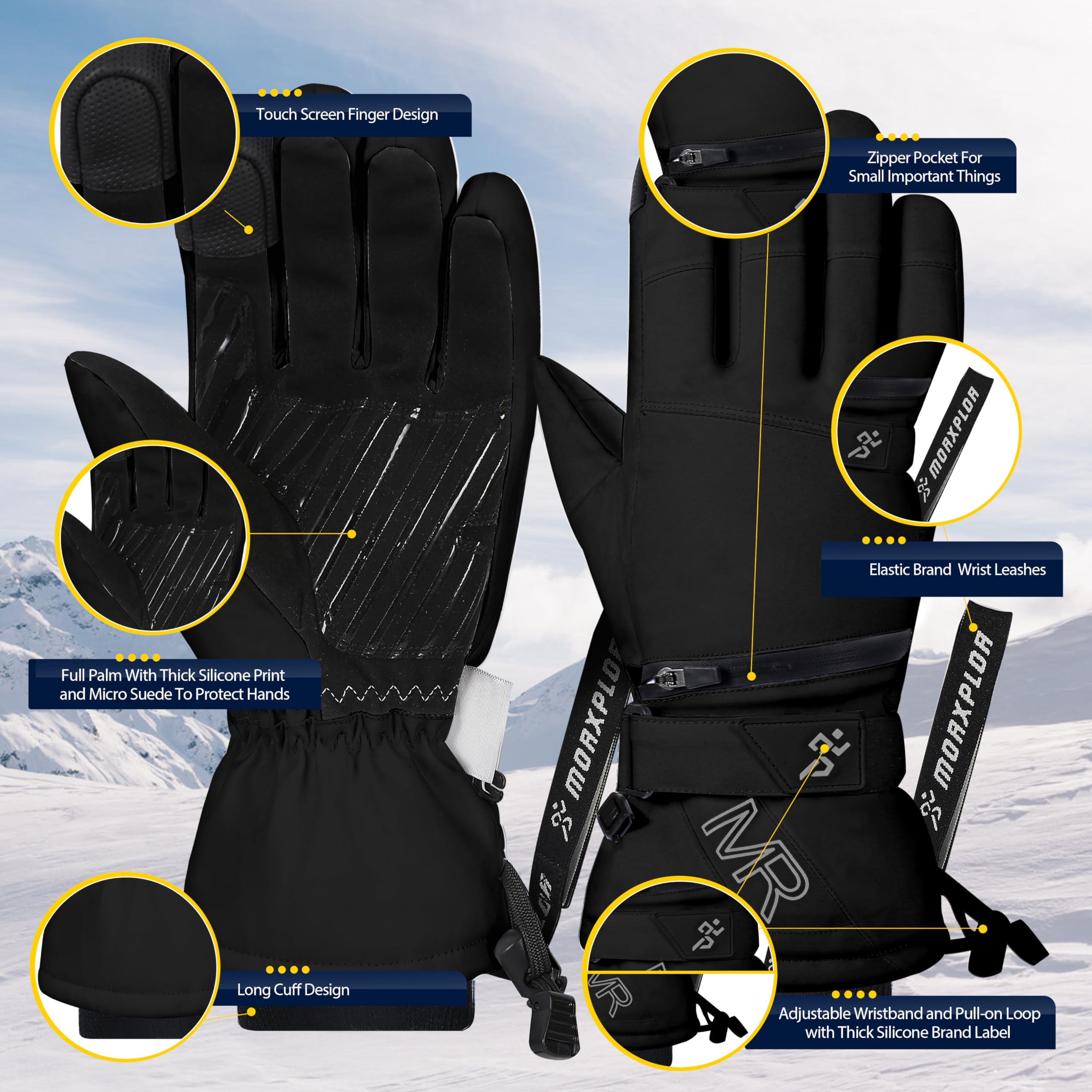 MORXPLOR Guantes de nieve de esquí para hombres y mujeres, 3M Thinsulate aislados cálidos guantes de snowboard de invierno, impermeables a prueba de viento, guantes de moto de nieve para clima frío