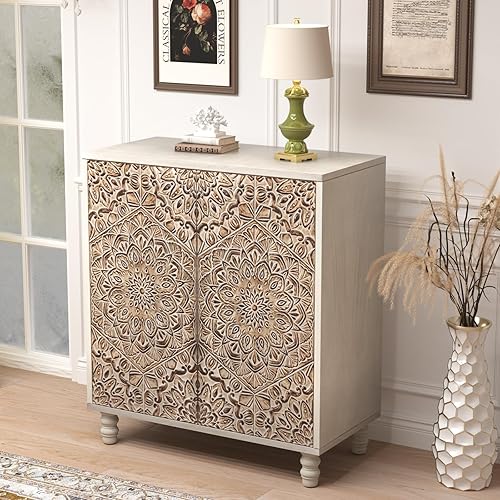 COSIEST 32" W Sideboard Buffet Cabinet with Storage, Accent Cabinet with 2 Push-to-Open Magnetic Doors, Vintage MDF Buffet Table for Living Room, Kitchen, Hallway (Gray,Firework Pattern)