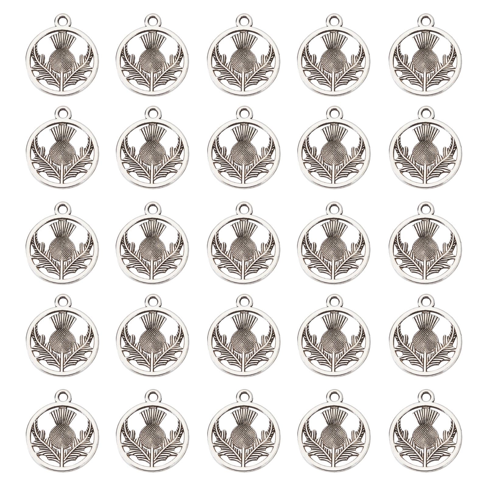 SUNNYCLUE1 Box 120Pcs Thistle Charms Bulk Scotland Thistle Charm Tibetan Style Alloy Scottish Scotland Charm Flat Round Flower Pendants for Jewellery Making Charms DIY Earrings Necklace Crafts UK
