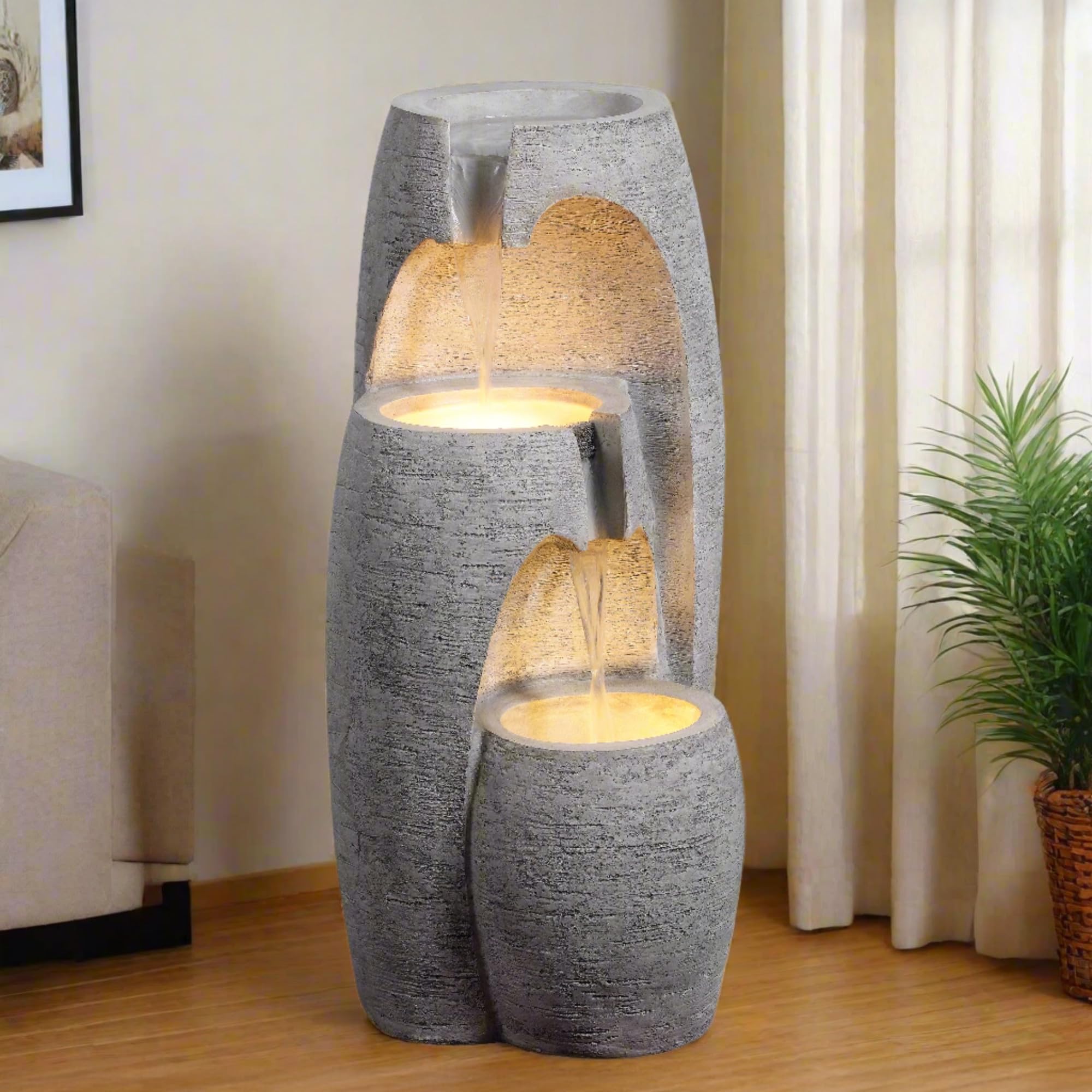 Teamson Home Fontaine Moderne 3 Niveaux Cascade Exterieure LED Douce Reglable Urne Decorative Noir