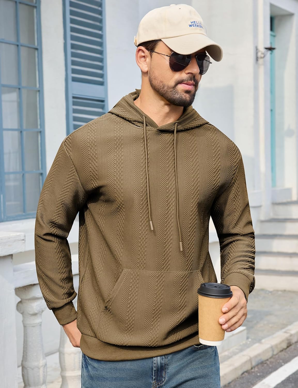 URRU Mens Hoodies Sweatshirts Texture Long Sleeve Drawstring Casual Pullover Hooded Shirt - Image 2