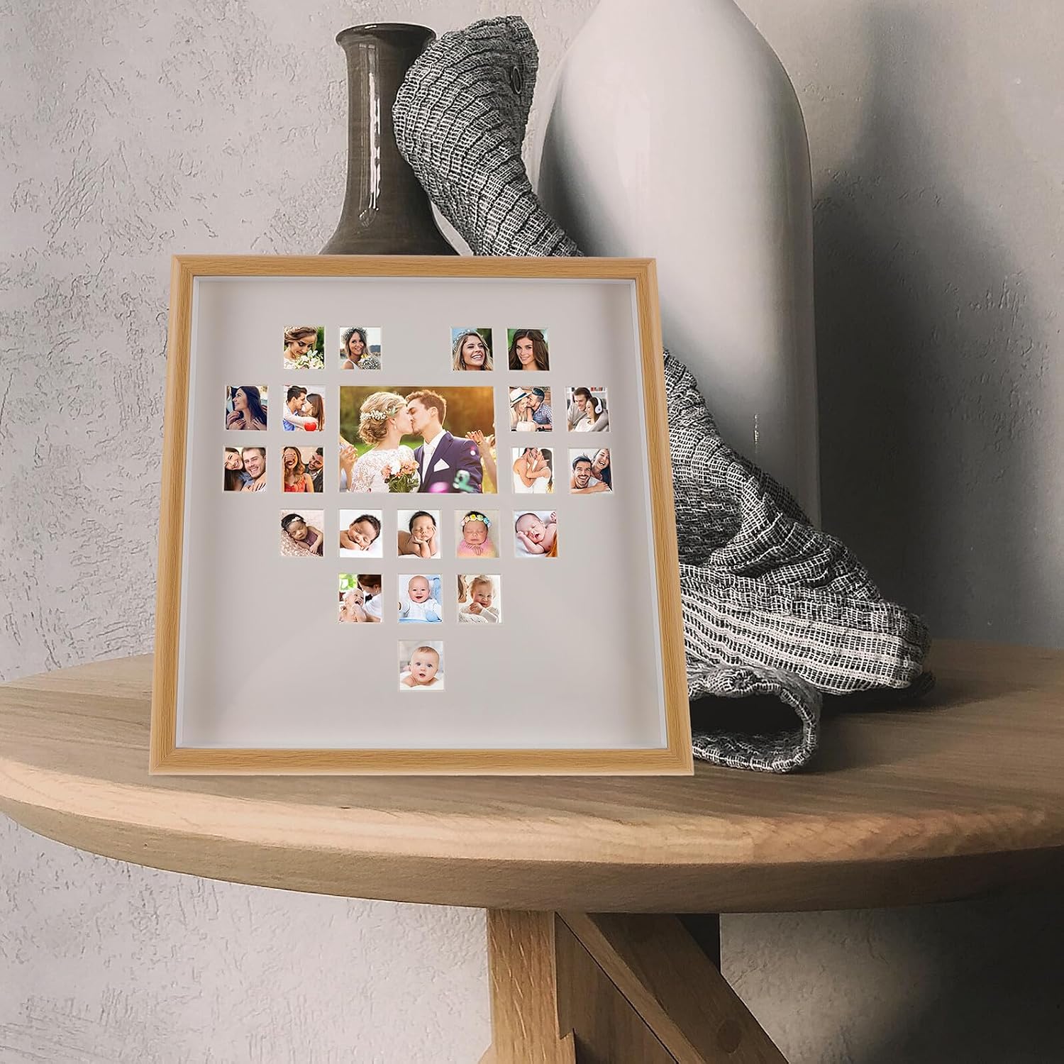 Heart Shaped 22 Grid Wooden Picture Frame for Boy Girl Craft Projects