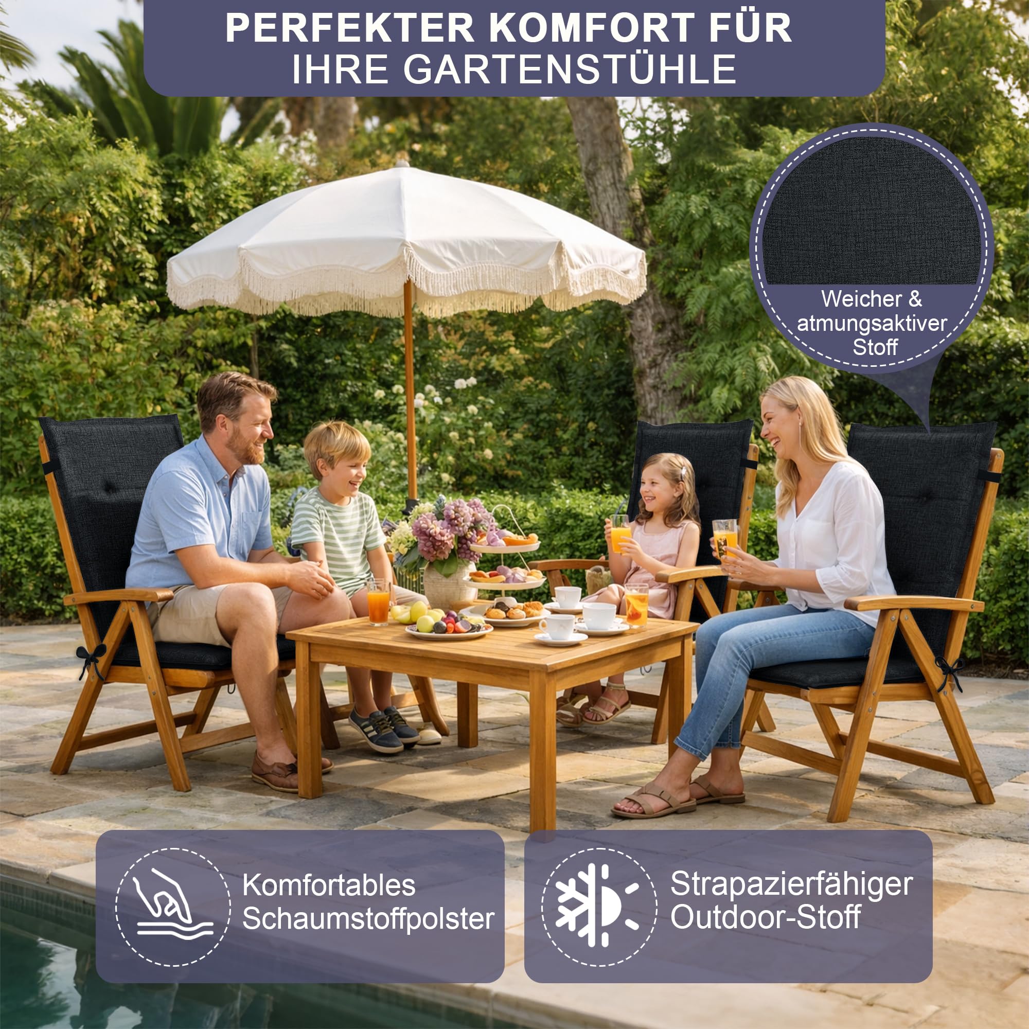 Relexo Premium - Hochlehner Auflage Gartenstuhl Stuhlauflage mit Polster, Outdoor Sitzkissen & Stuhlkissen für Gartenmöbel Auflage wetterfest, Sitzkissen bequem (Anthrazit, 4er Set)