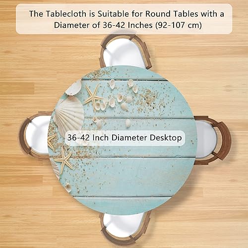 Miniatura 2 de Mantel redondo con textura de madera de playa, con borde elástico, diseño de estrella de mar, impermeable, lavable, para fiestas, exteriores,