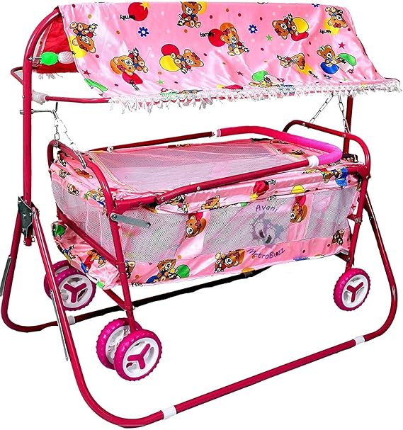 Beautiful Printed Lightweight Baby Cradle Cot Cum Stroller (Color - Eva Pink)