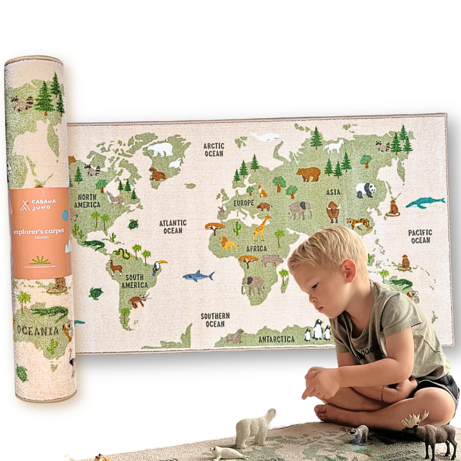 Kids Carpet 59 x 31 in World Map Carpet with Animals, Continents and Oceans, Kids Rug, Kids Bedroom Rug, Soft, Thick and Non-Slip