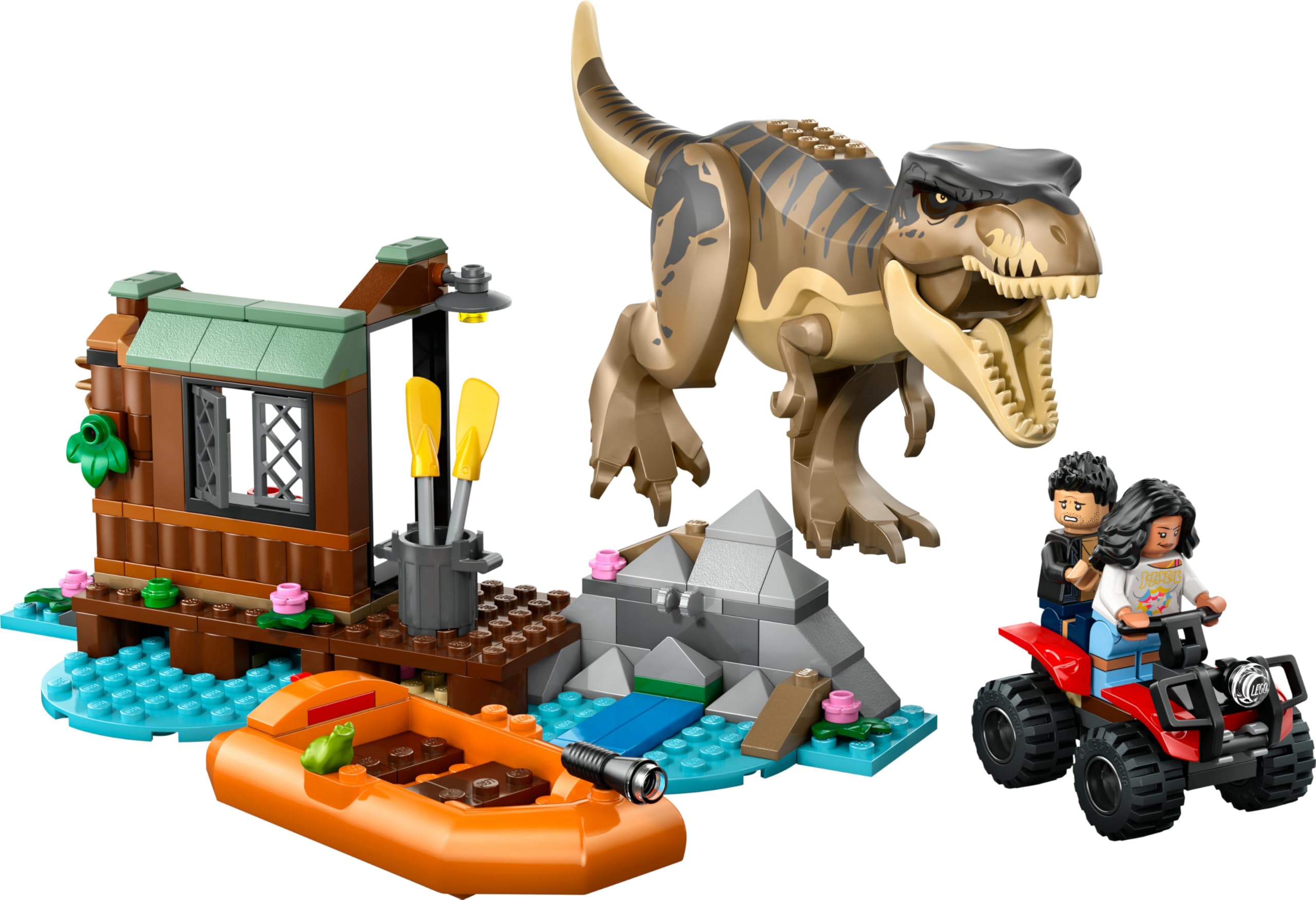 LEGO Jurassic World Huida por el Río y T. Rex a la Caza - Figura de Dinosaurio de Juguete Interactivo, Barco, Quad y 2 Minifiguras - Regalo de Cumpleaños para Niños y Niñas de 5+ Años 76975