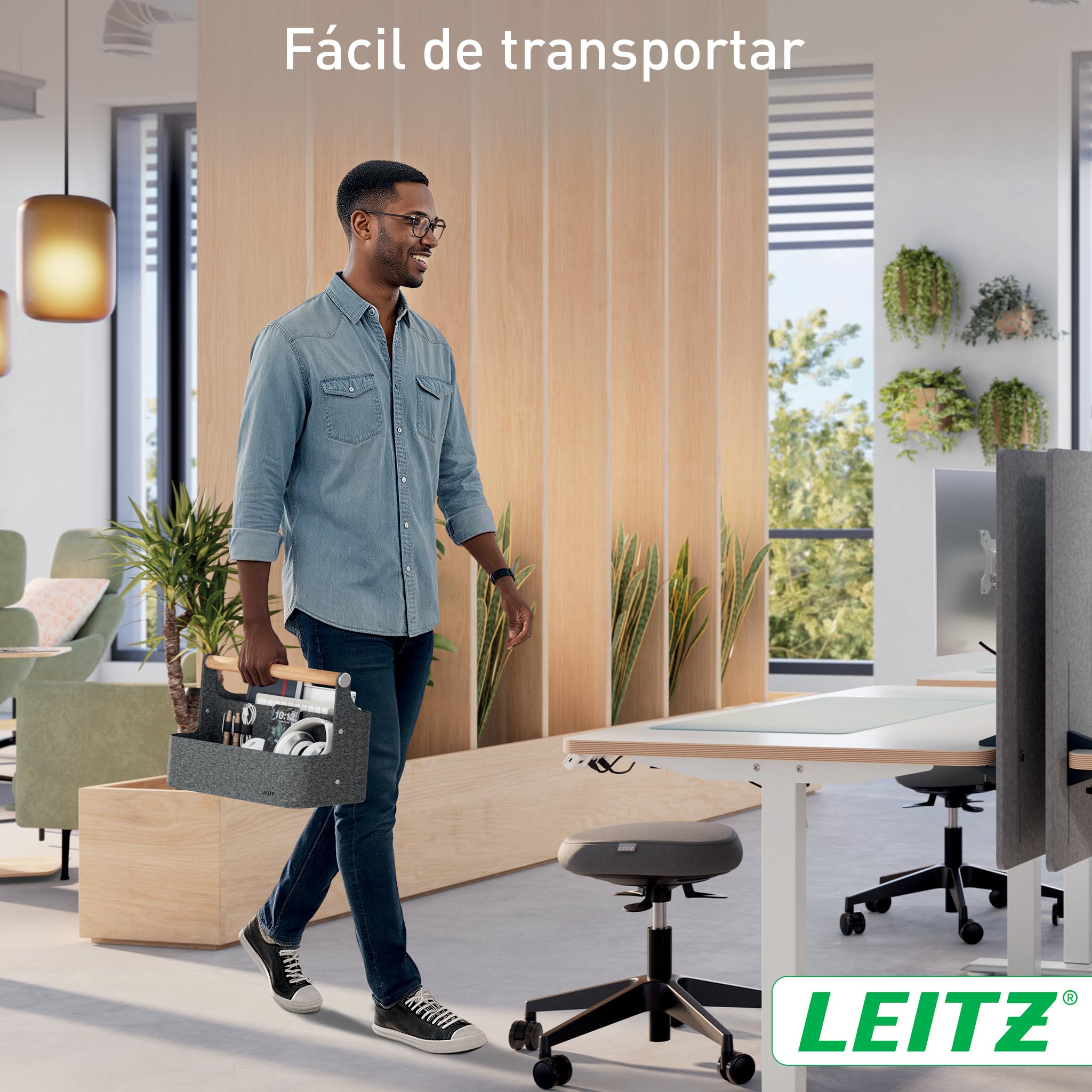 Leitz Organizador de escritorio portátil con asa, organizador portátil de escritorio de oficina con mango de madera, ideal para espacios de trabajo y oficinas de hotdesk - 38 x 19 x 25,5 cm (largo x