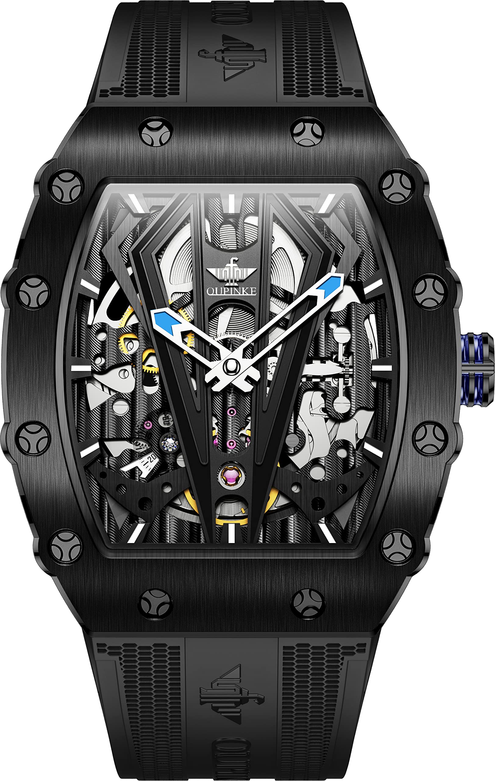 OLEVS Men's Skeleton Automatic Mechanical Watches Black Tonneau Silicone Band Sapphire Crystal Waterproof Luminous Wrist Watches