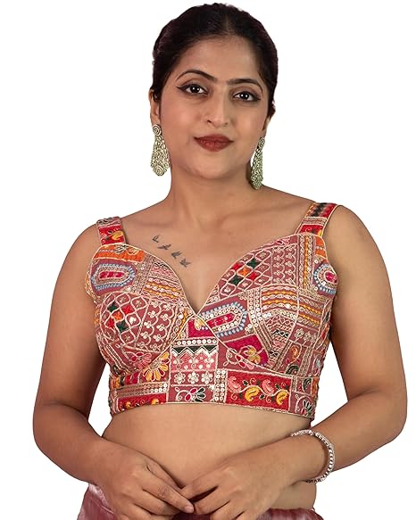 Women's Sequin Embroidered Designer Zari Lace Mirror Work Sweetheart Neck Sabyasachi Cut Sleeveless Readymade Saree Blouse Stitched Plus Size Padded Multicolor Top Pink White Red | E16