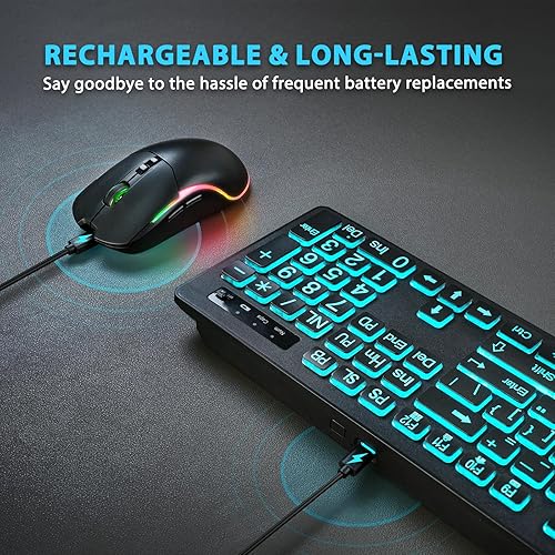 Miniatura 3 de Combo de teclado y mouse inalámbricos de impresión grande retroiluminada, teclados de tamaño completo de 2.4 G con teclas grandes iluminadas, teclas