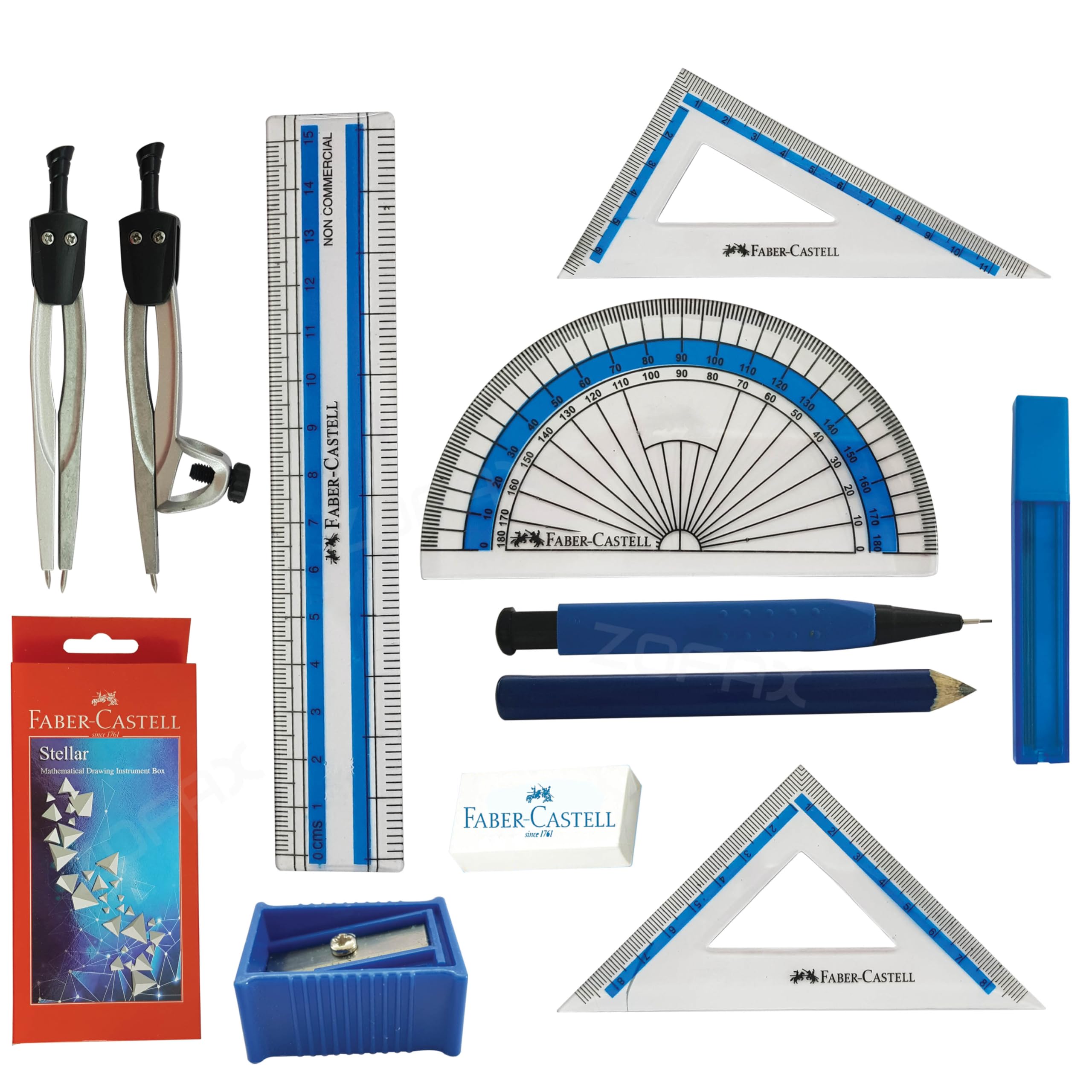 Faber-Castell Stellar 11 Pcs Maths Geometry Tin Set, Maths Compass Divider 180° Protractor 45° 60° Set Squares Sharpener Eraser 15cm Ruler 0.5mm Half Mechanical Pencil 2B Lead Refills