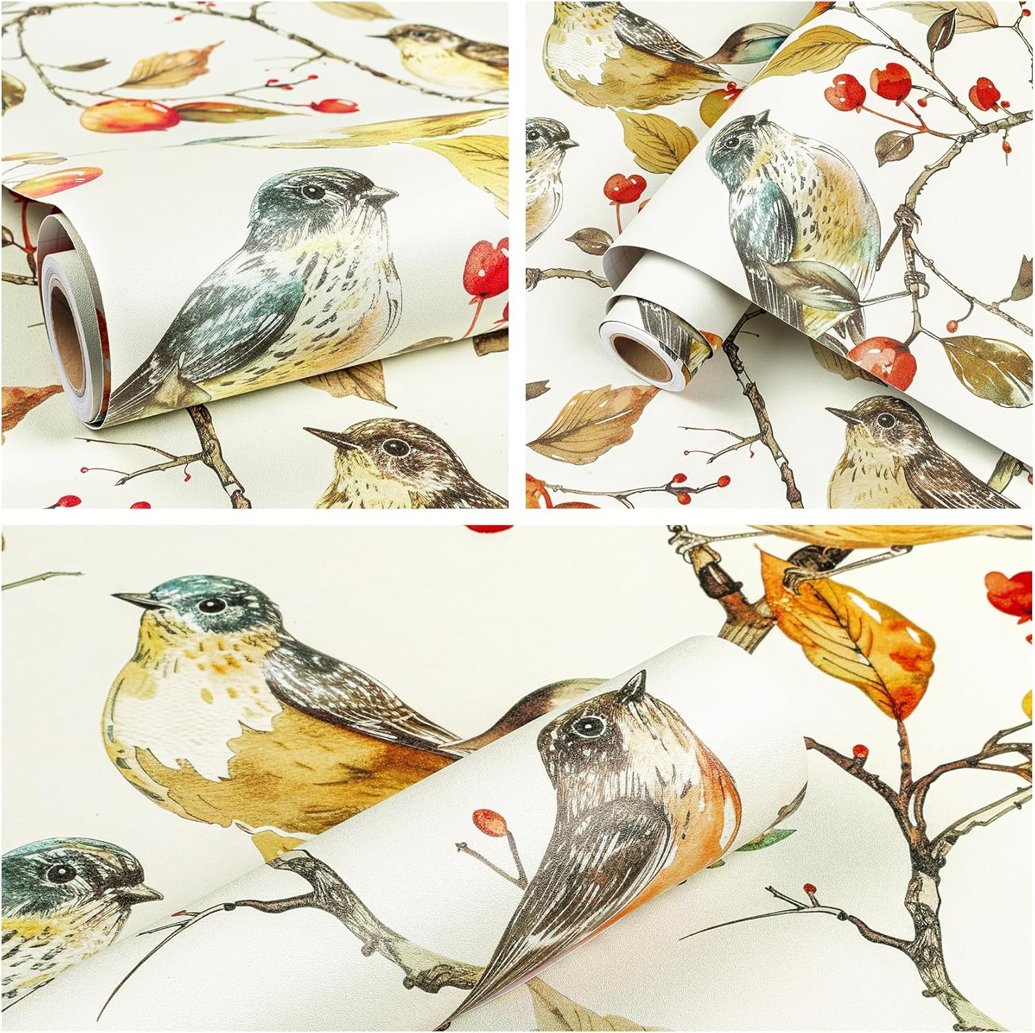 ReWallpaper Beige Bird Wallpaper Prepasted Red Floral Contact Paper for Cabinets Removable Berries and Birds Floral Wall Paper Peel and Stick Vintage Wallpaper for Bedroom Accent Walls 17.5in×10ft