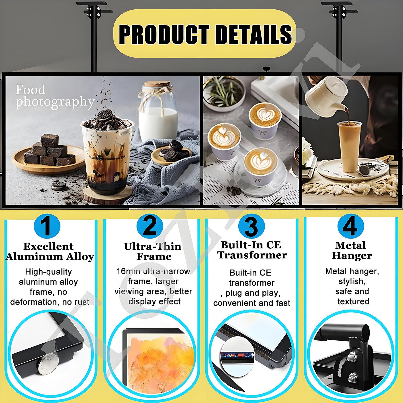 3D-Menütafel, LED-Menütafel Mit Hintergrundbeleuchtung,Wandmontierte Werbetafel, Ultradünner, Schlanker LED-Leuchtkasten Aus Aluminiumlegierung Mit Schnappverschluss,5pcs-60×80cm