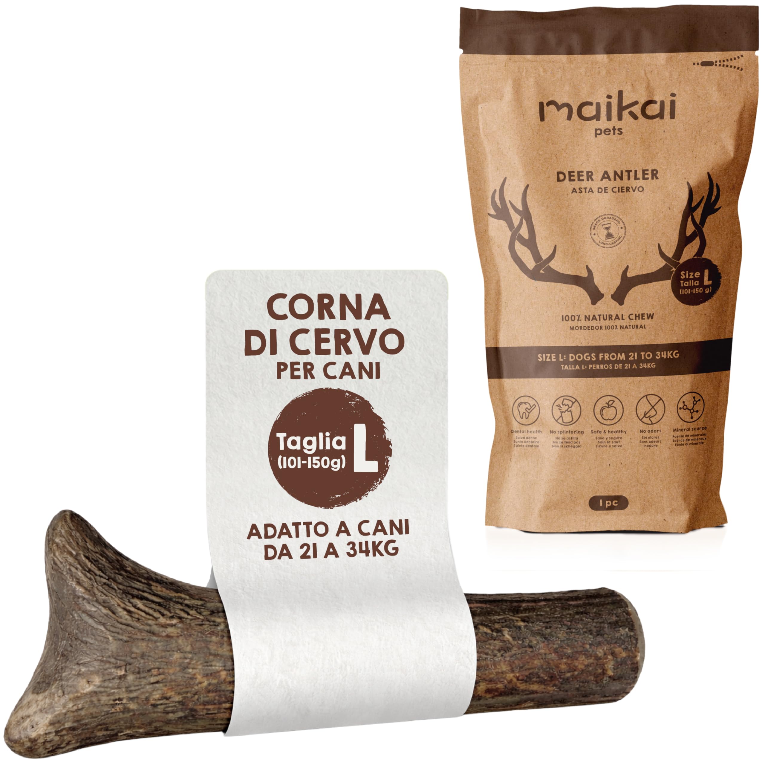 MAIKAI Corno di Cervo per Cani Grandi L – Masticativo Naturale Senza Punta – Osso Inodore Antitartaro – Giocattolo Antistress Resistente – Snack Lunga Durata - Regali per Cani