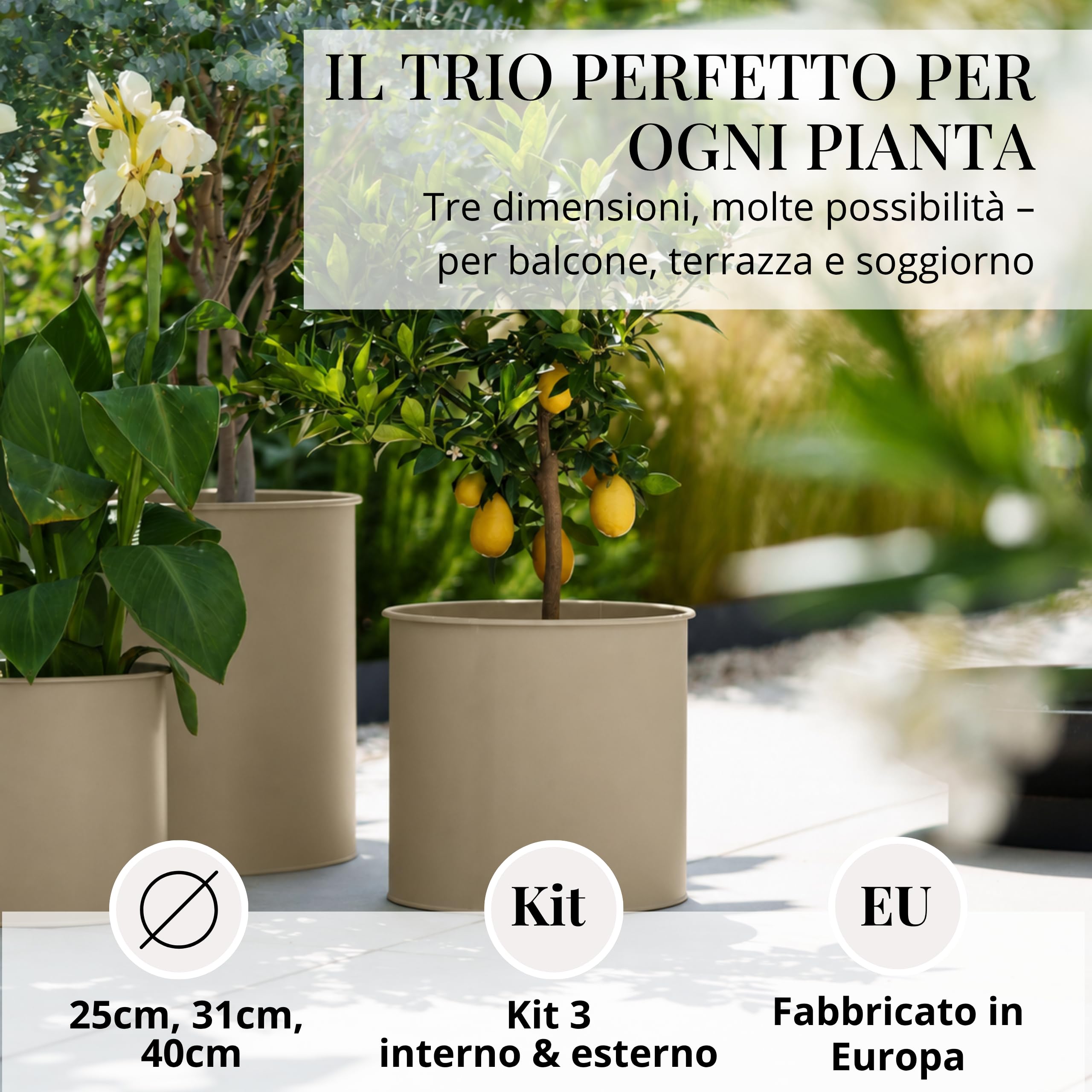 Livlig53 Set di vasi da fiori in metallo, vaso da 25 cm di diametro e sovravaso da 30 cm di diametro e sovravaso da 40 cm di diametro, grande vaso per piante da esterno e da interno, prodotto in