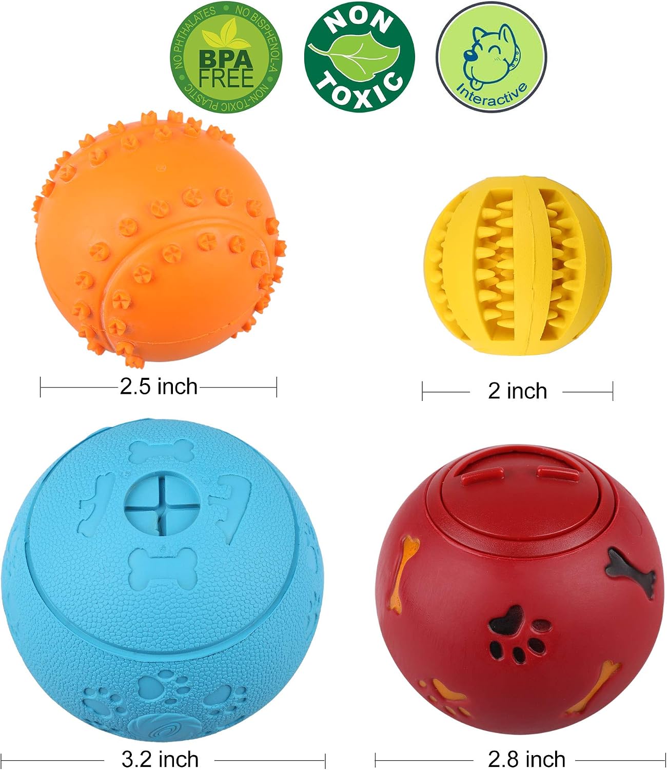 PrimePets Dog Treat Ball, 4 Pack Interactive Food Dispensing Puppy Puzzle Toy, Non-Toxic, Natural Rubber, for Tooth Cleaning, IQ Training, Chewing, Playing