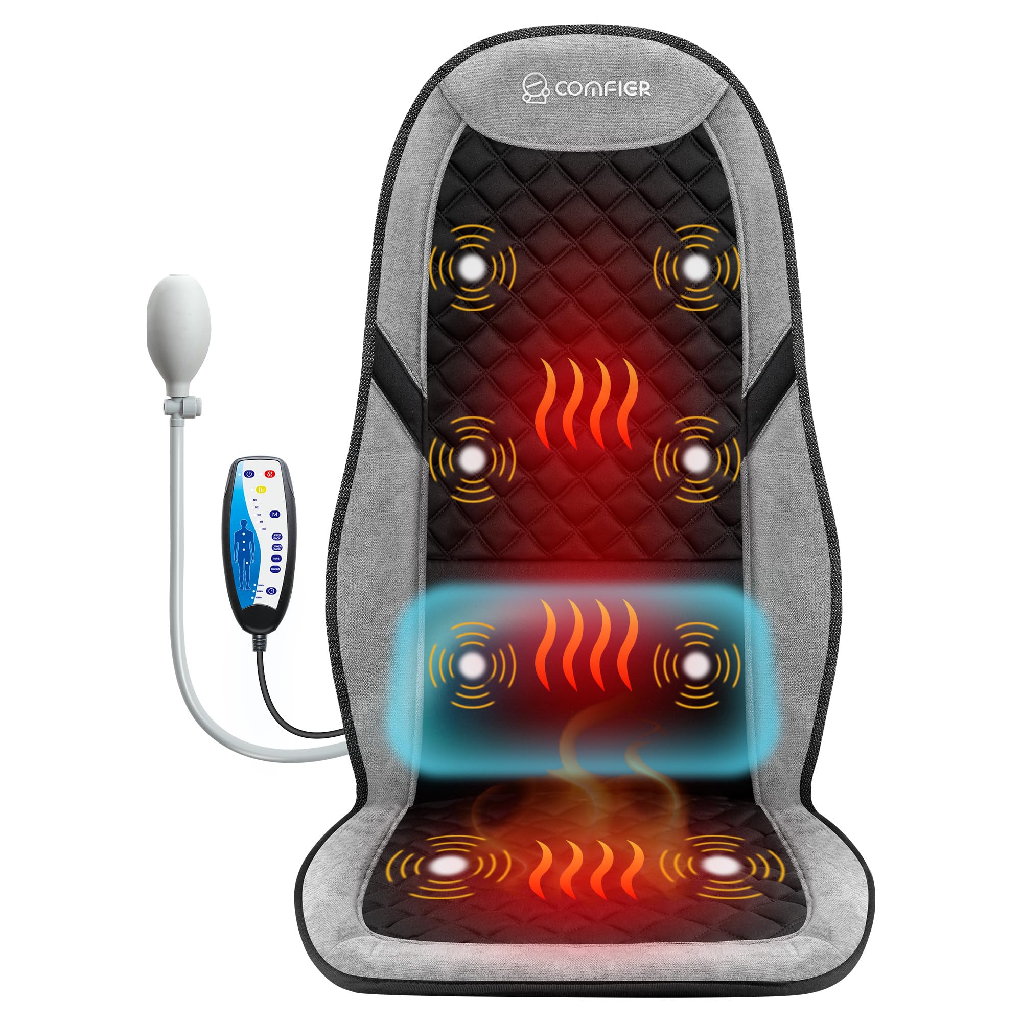 COMFIER Masajeador de espalda para aliviar el dolor, almohadilla de silla de masaje con soporte lumbar ajustable, cojín de asiento de masaje con 10 motores de vibración y 5 modos, masajeador de silla