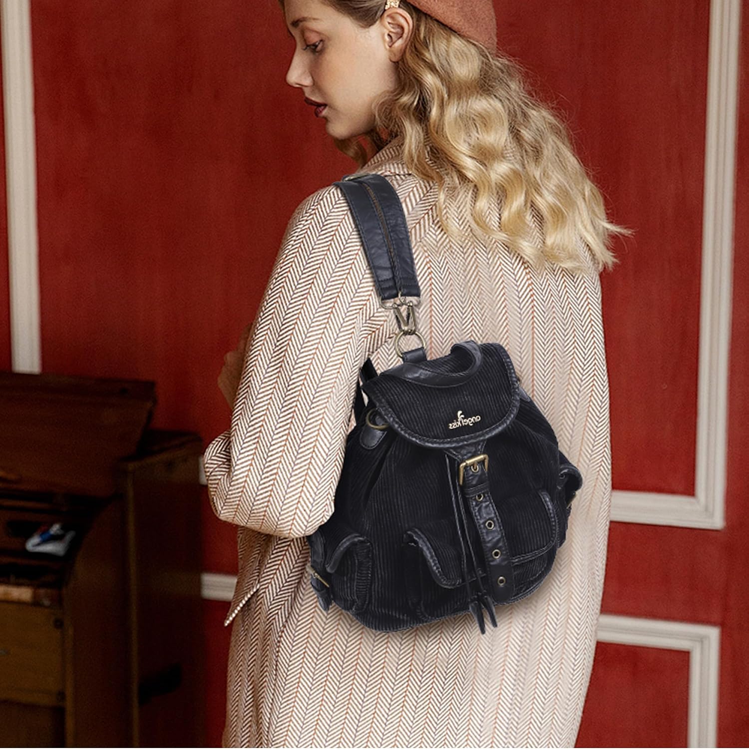 Angel Kiss Small Corduroy Backpack Purse for Women, 3-in-1 Convertible Shoulder Bag with Detachable Straps, Vintage Multi-Pocket Mini Daypack with Vegan Leather Trim for Travel & Everyday