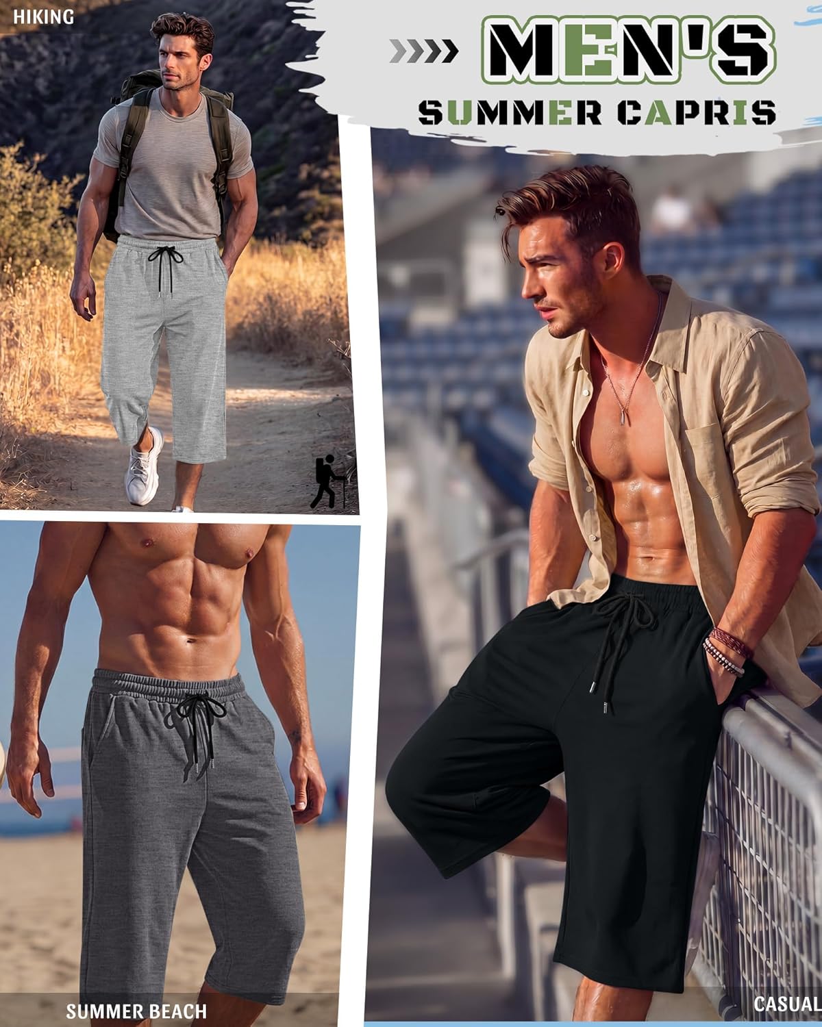 Neer 3 Pack Men's Baggy Capri Pants Plus Size Below Knee Casual 3/4 Shorts Big and Tall Summer Drawstring Pants with Pockets