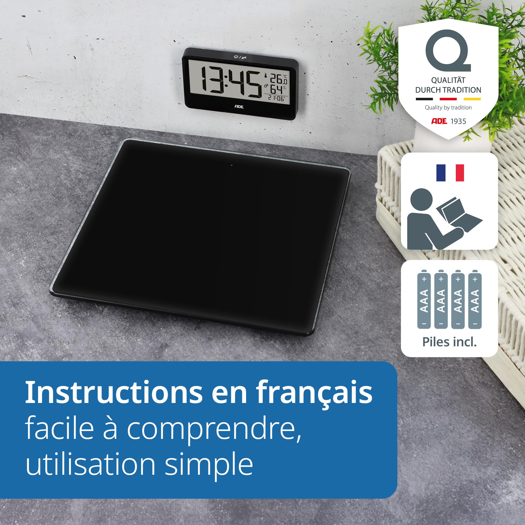 ADE Balance pèse-personne numérique avec écran externe | pour personnes jusqu'à 180kg | poids lisible à hauteur des yeux | balance pour seniors | avec horloge, hygromètre, thermomètre intérieur | Noir