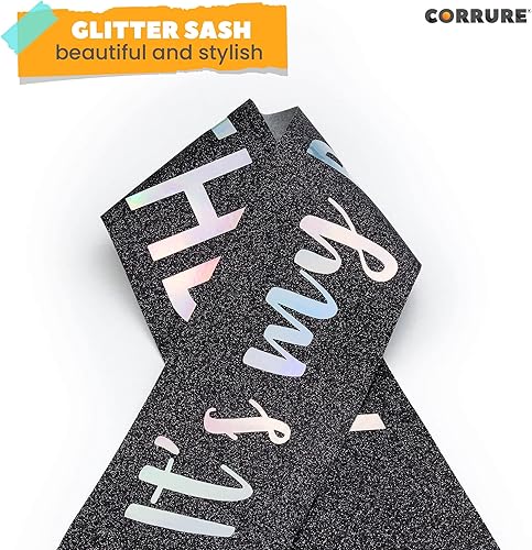 Miniatura 6 de CORRURE Banda con purpurina It's My Birthday con lámina multicolor Banda de feliz cumpleaños con purpurina negra para mujeres Suministros de