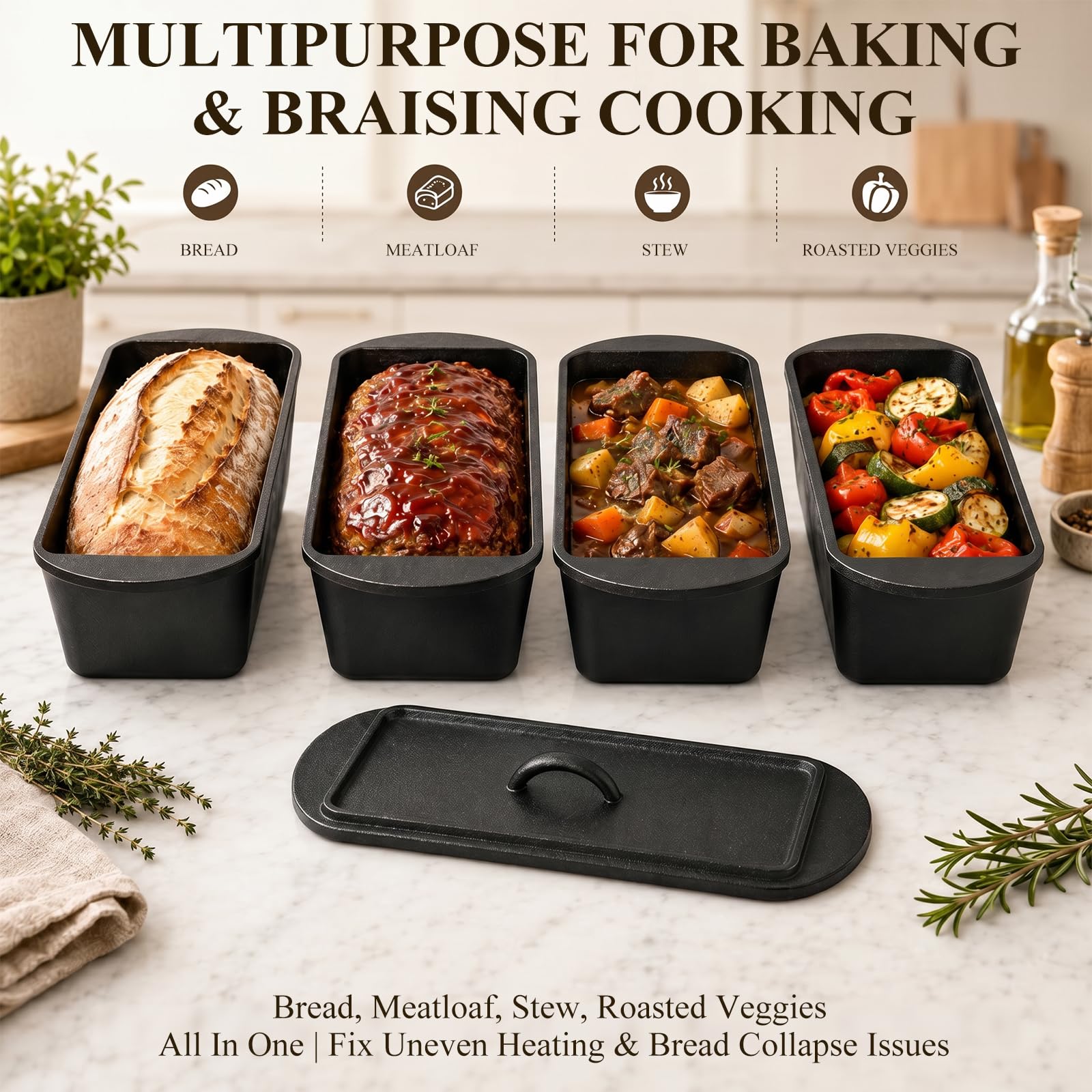 QuliMetal Molde ovalado de hierro fundido con tapa, molde para hornear pan artesanal de masa madre, pre-sazonado, 3.2 cuartos de galón, con kit de inicio de masa madre, molde para hornear pan