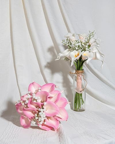 Miniatura 10 de DuHouse 20 flores artificiales de látex de tacto real para bricolaje, ramo de boda, fiesta, decoración del hogar (blanco amarillo)