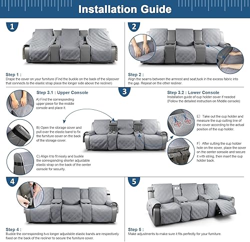 Miniatura 7 de TAOCOCO Fundas de sofá reclinable 100% impermeables con consola, fundas de sofá para sofá reclinable de 3 asientos con diseño de correas, funda de